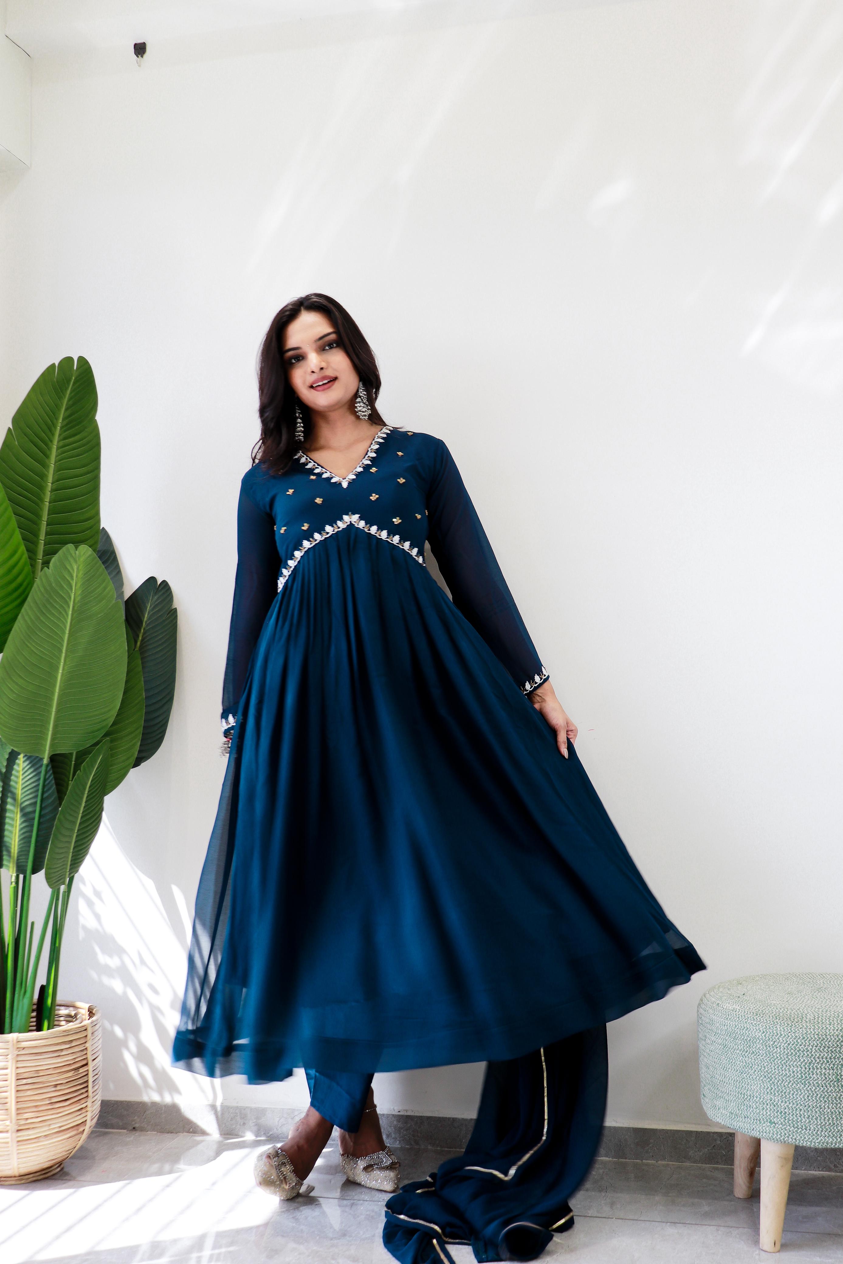 Teal Blue Stylish Hand Work Anarkali Suit