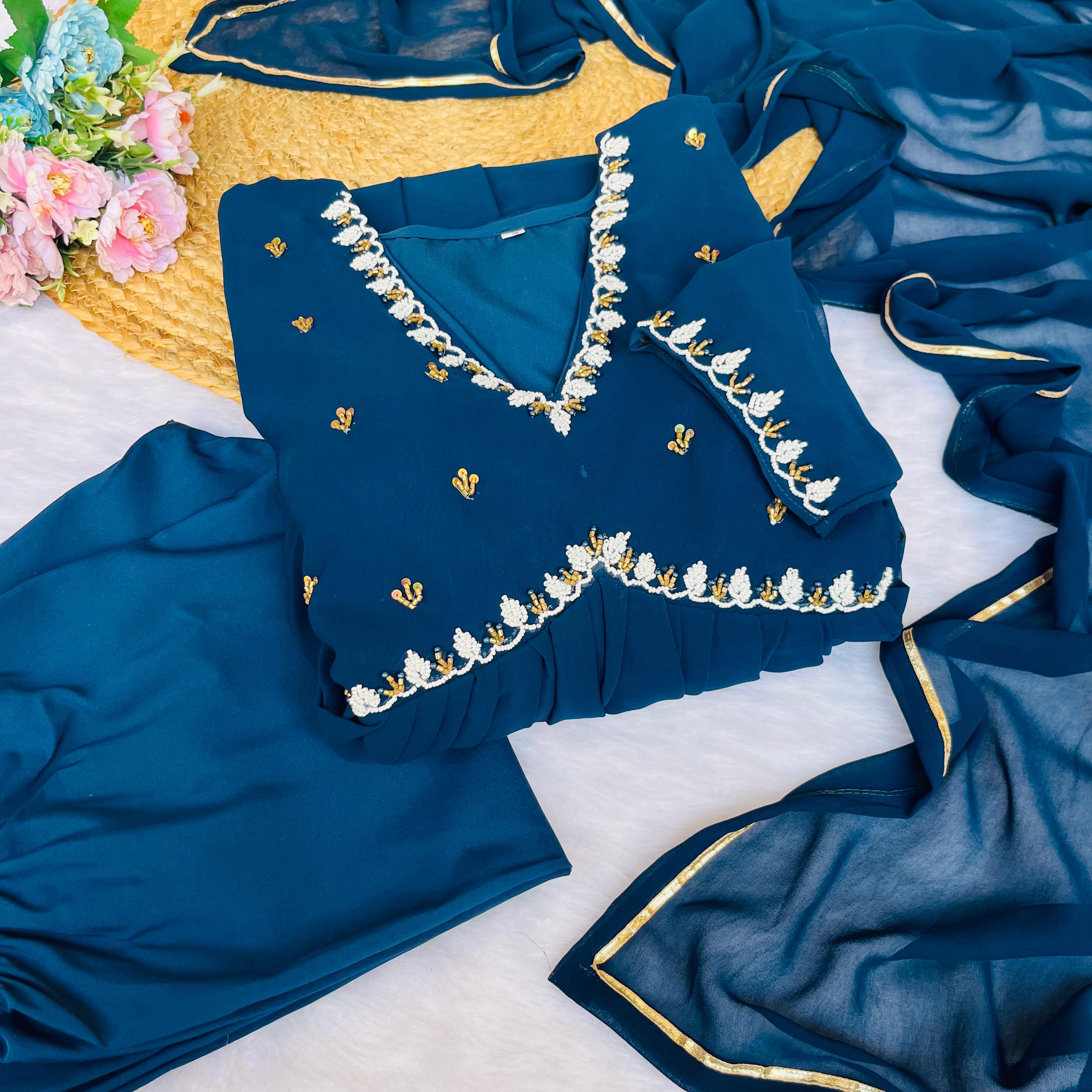 Teal Blue Stylish Hand Work Anarkali Suit