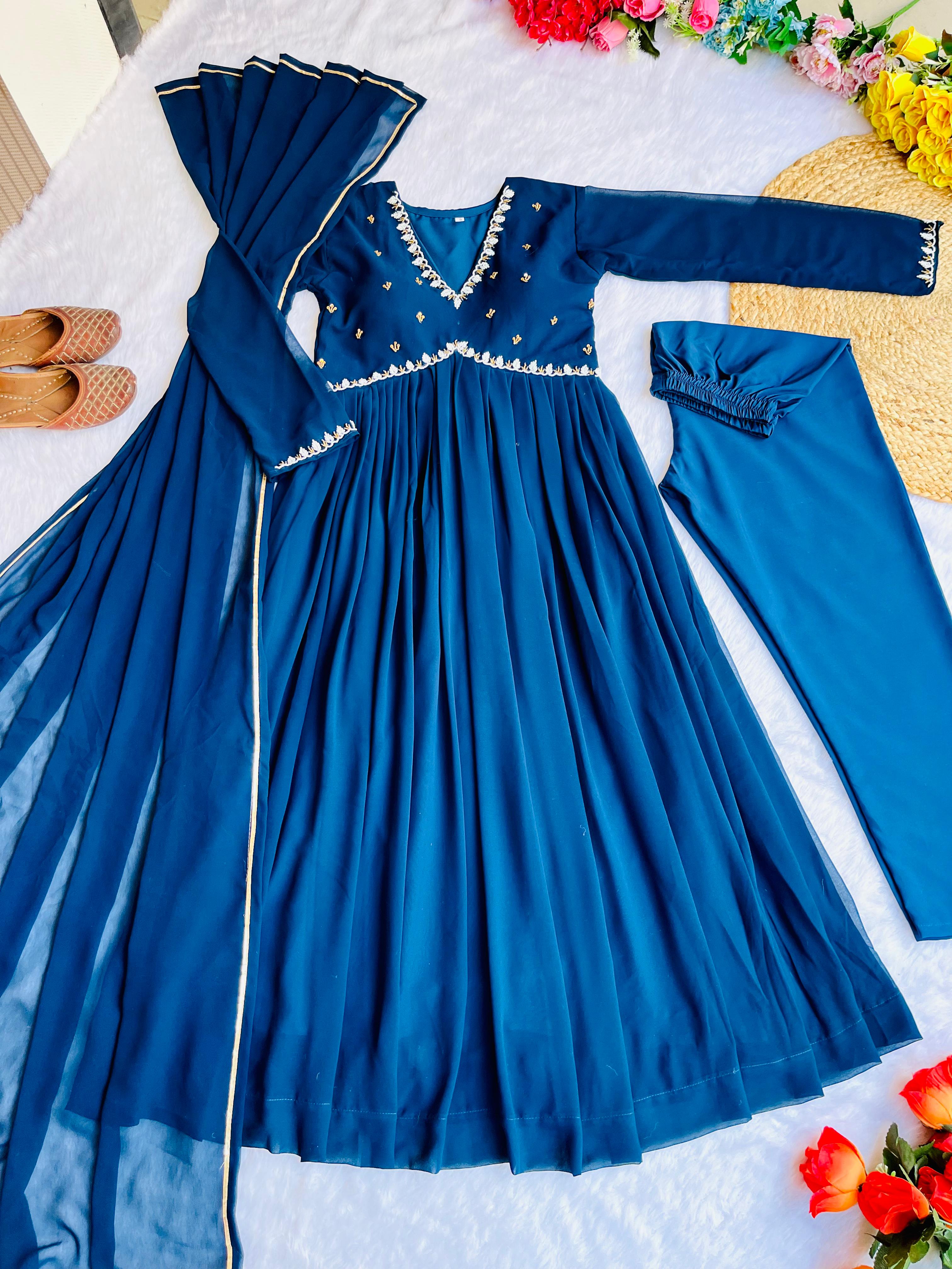 Teal Blue Stylish Hand Work Anarkali Suit