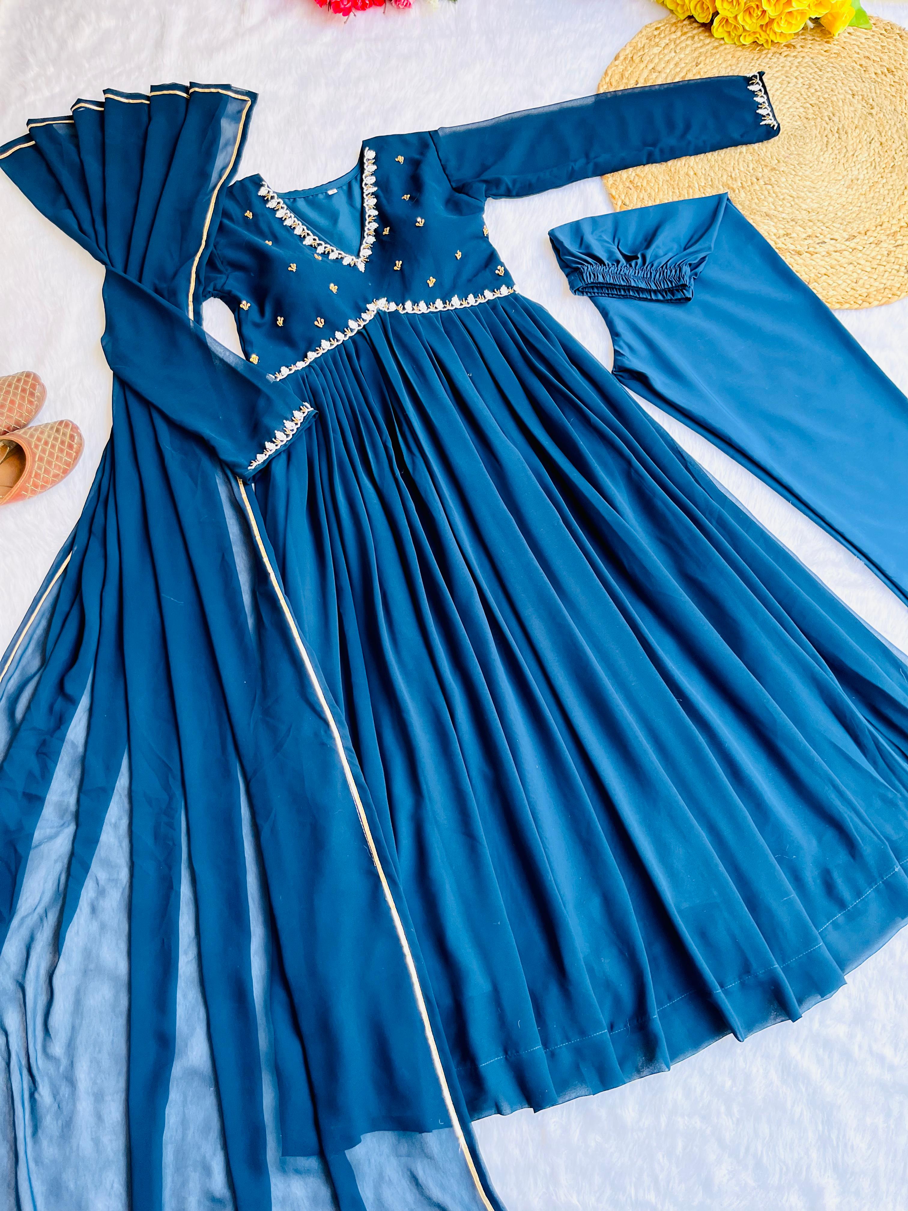 Teal Blue Stylish Hand Work Anarkali Suit