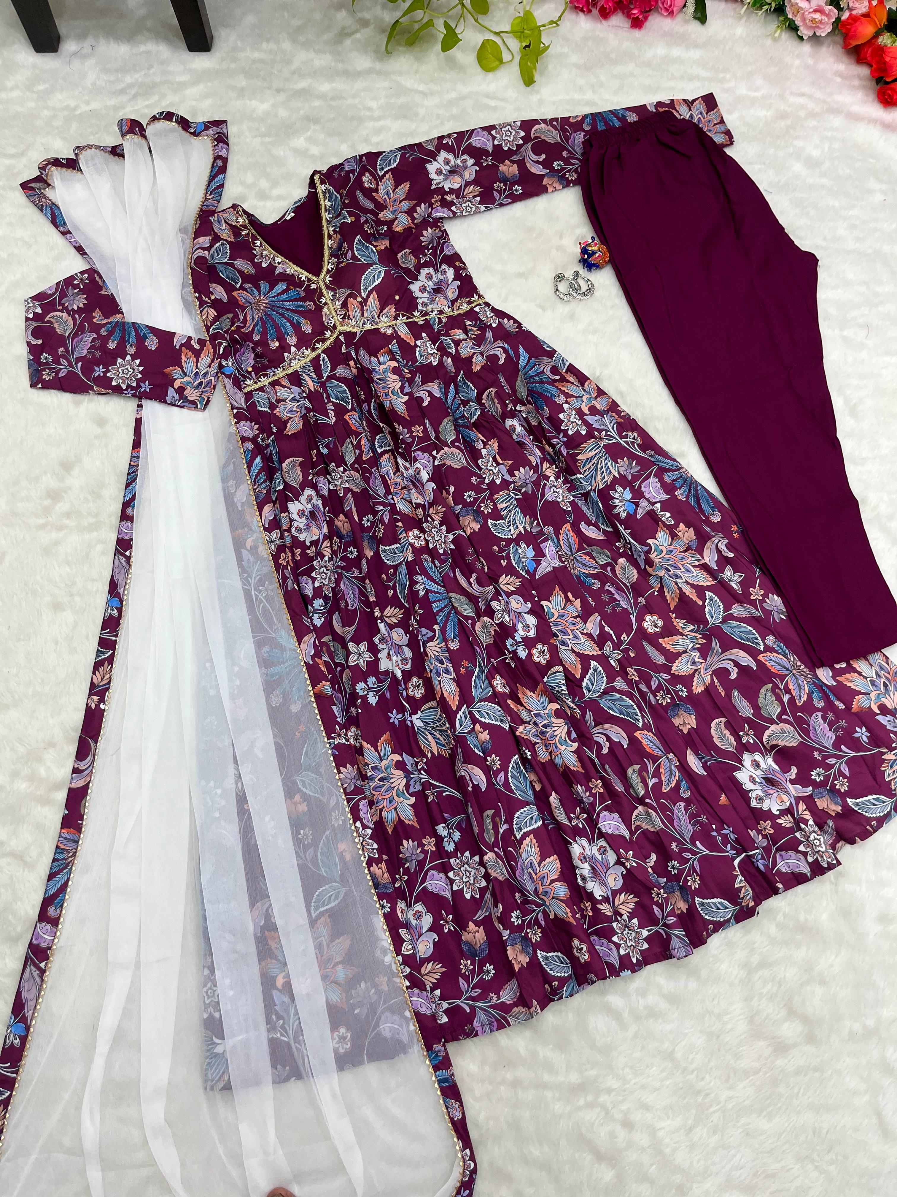 Wine Aliya Cut Anarkali Suit With Handwork Finish