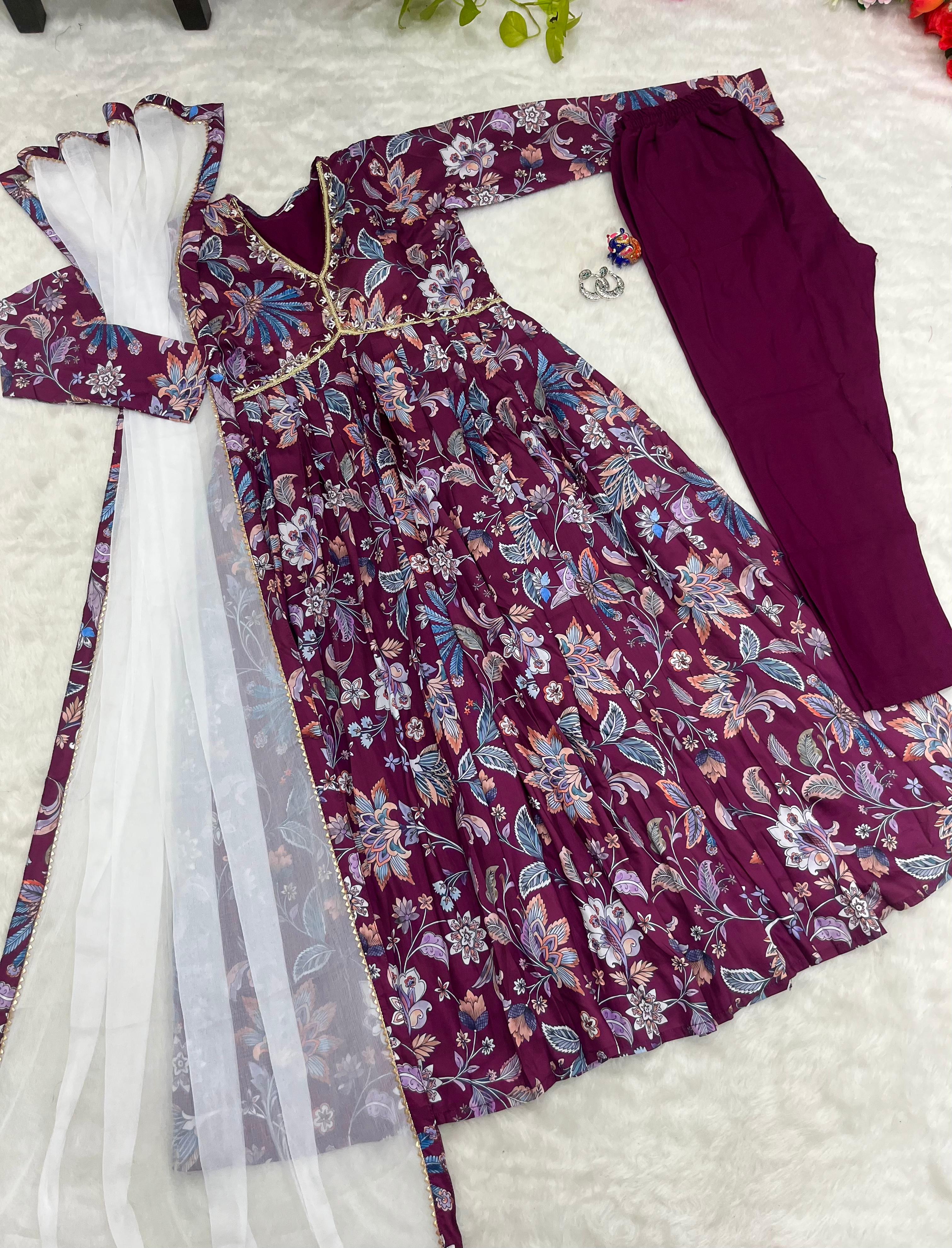 Wine Aliya Cut Anarkali Suit With Handwork Finish