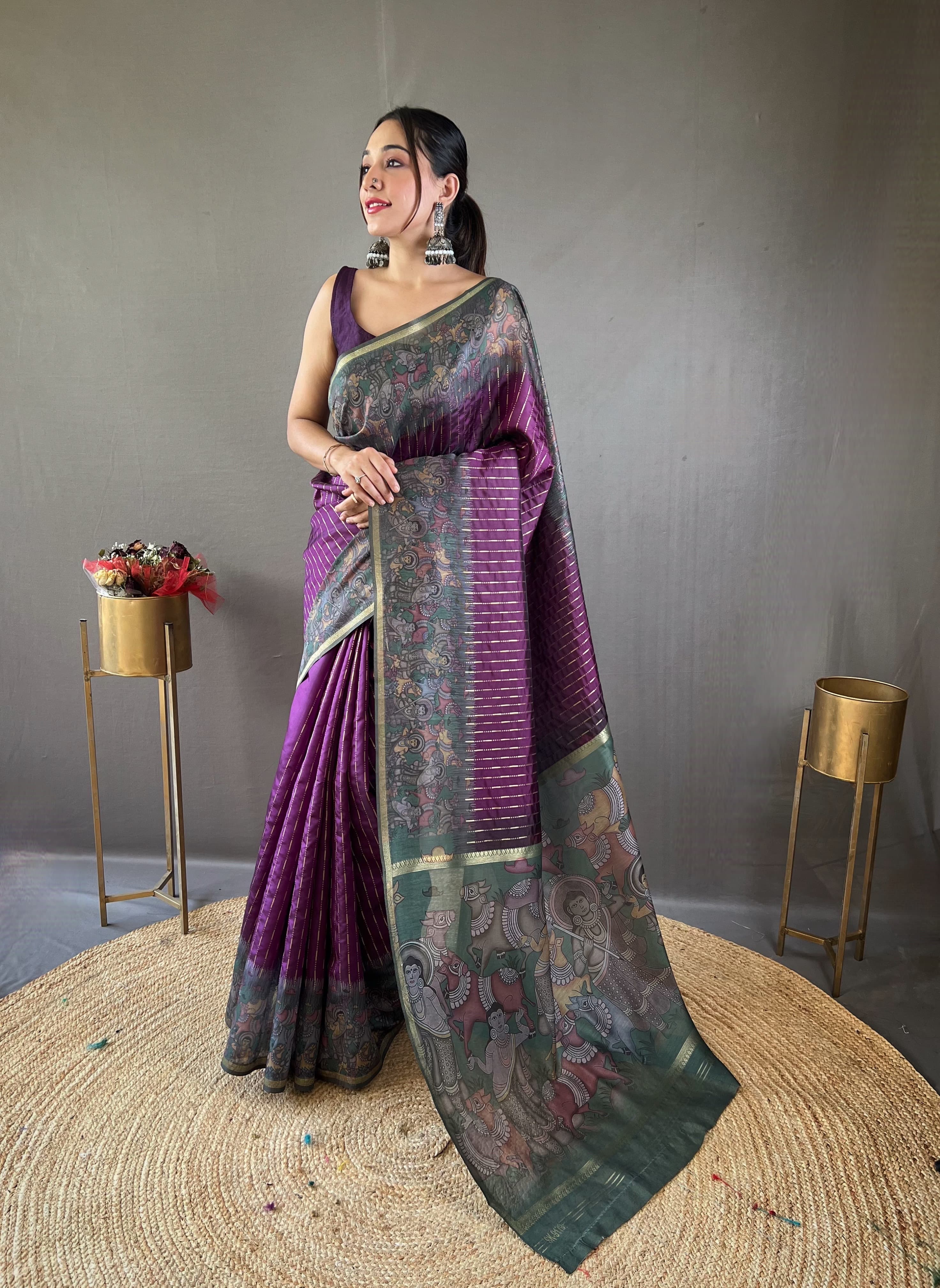 Traditional Digital Print Purple Color Chanderi Silk Saree