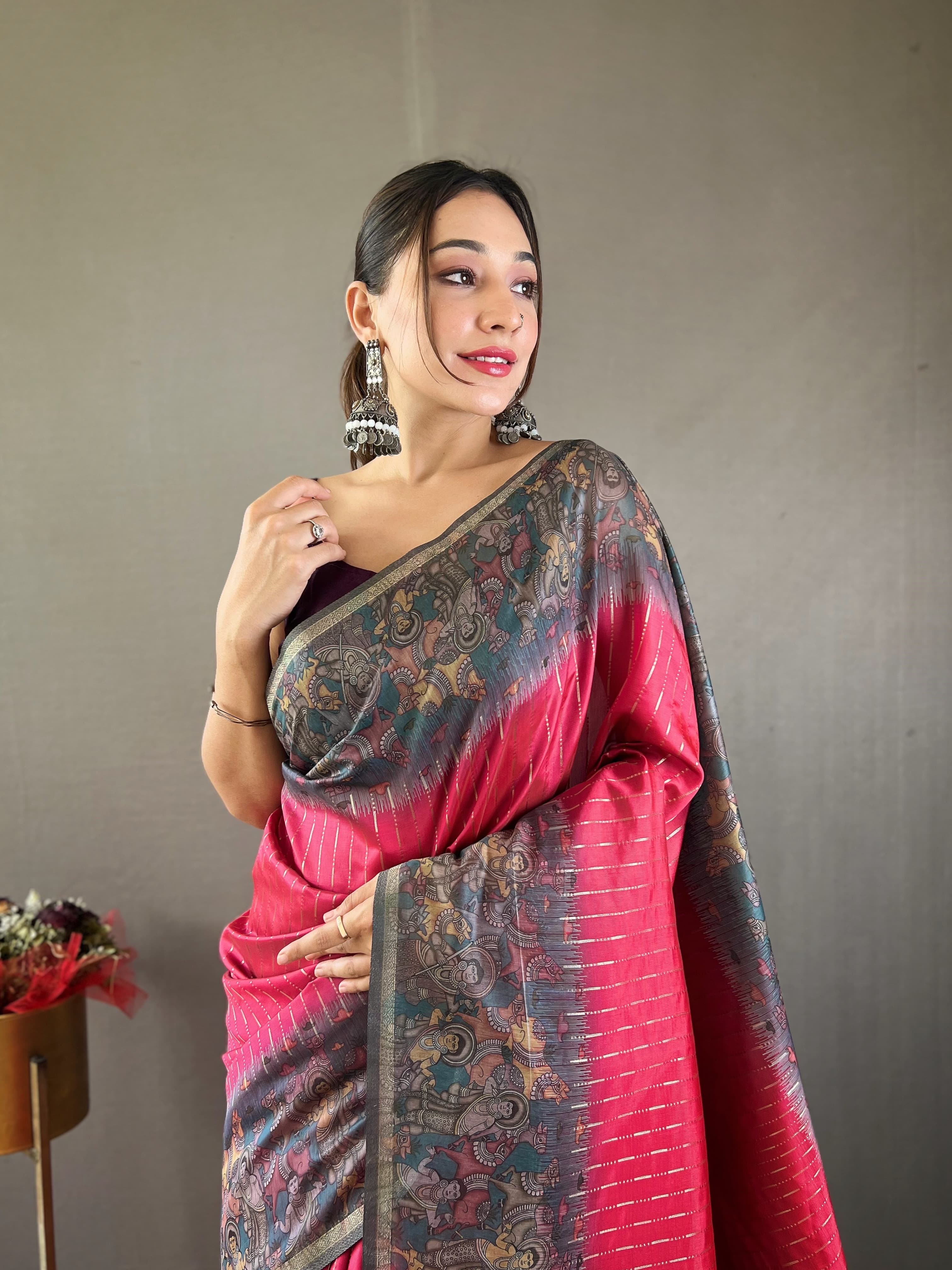 Traditional Digital Print Pink Color Chanderi Silk Saree