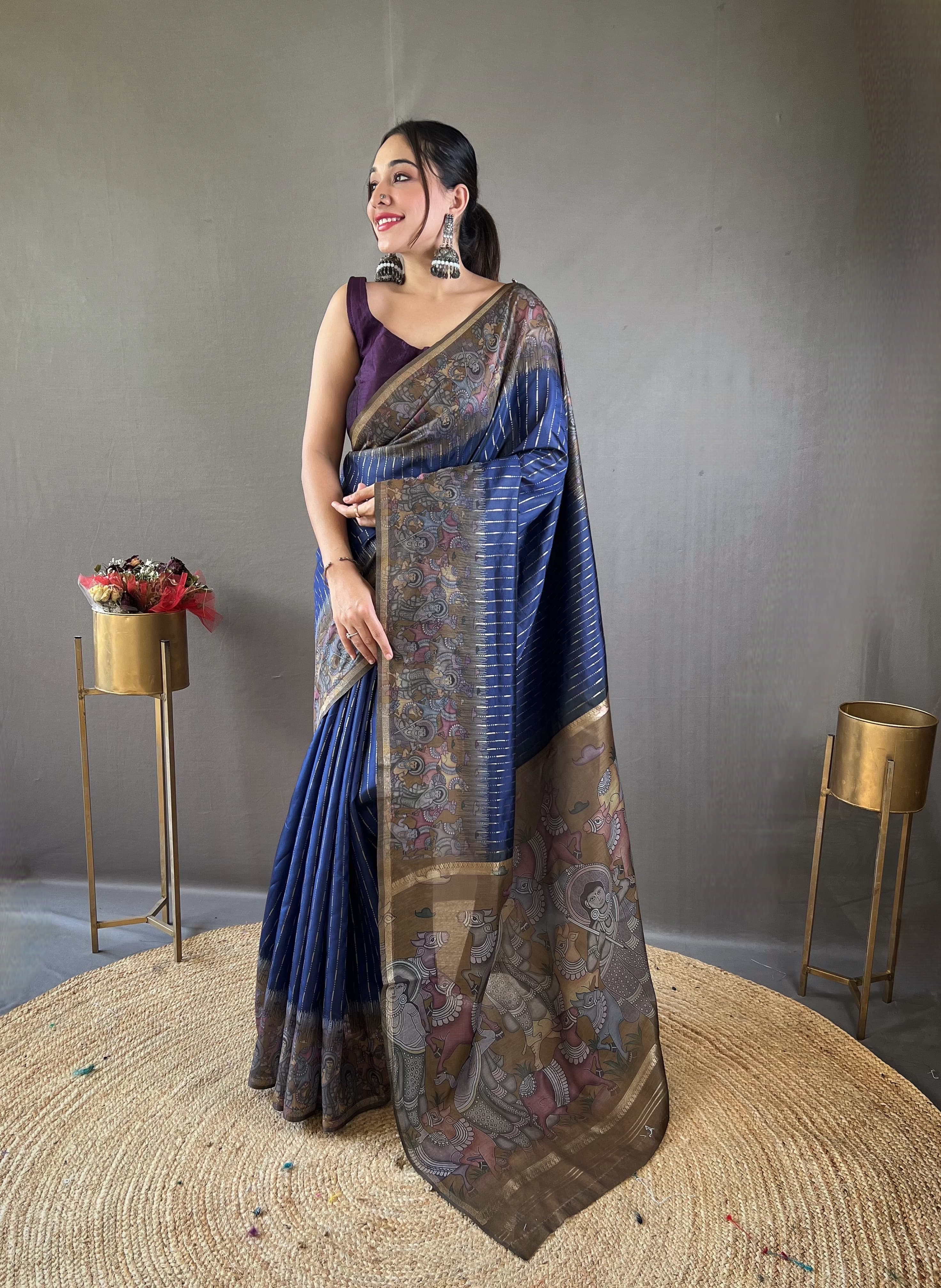 Traditional Digital Print Navy Blue Color Chanderi Silk Saree