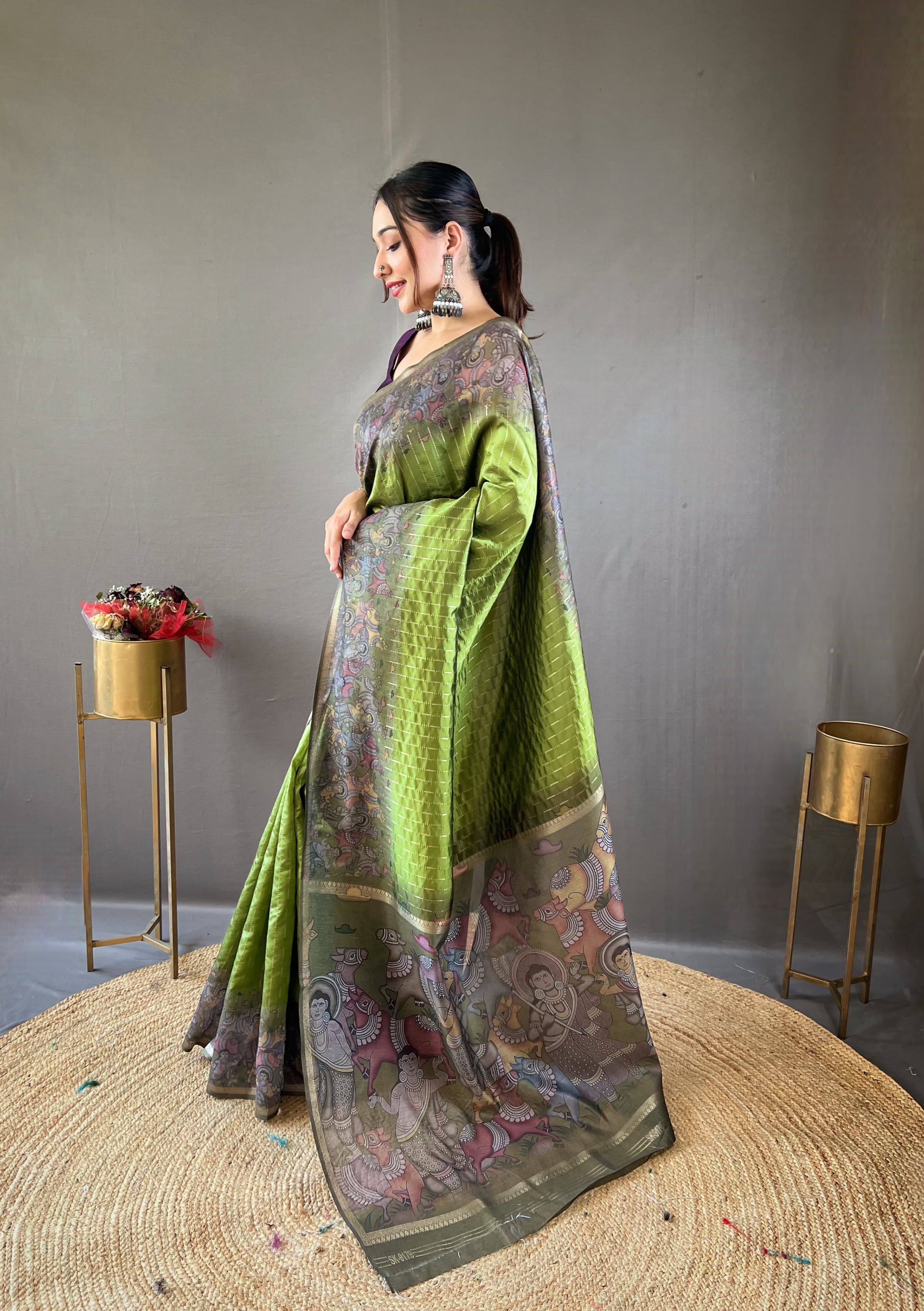 Traditional Digital Print Mehndi Color Chanderi Silk Saree