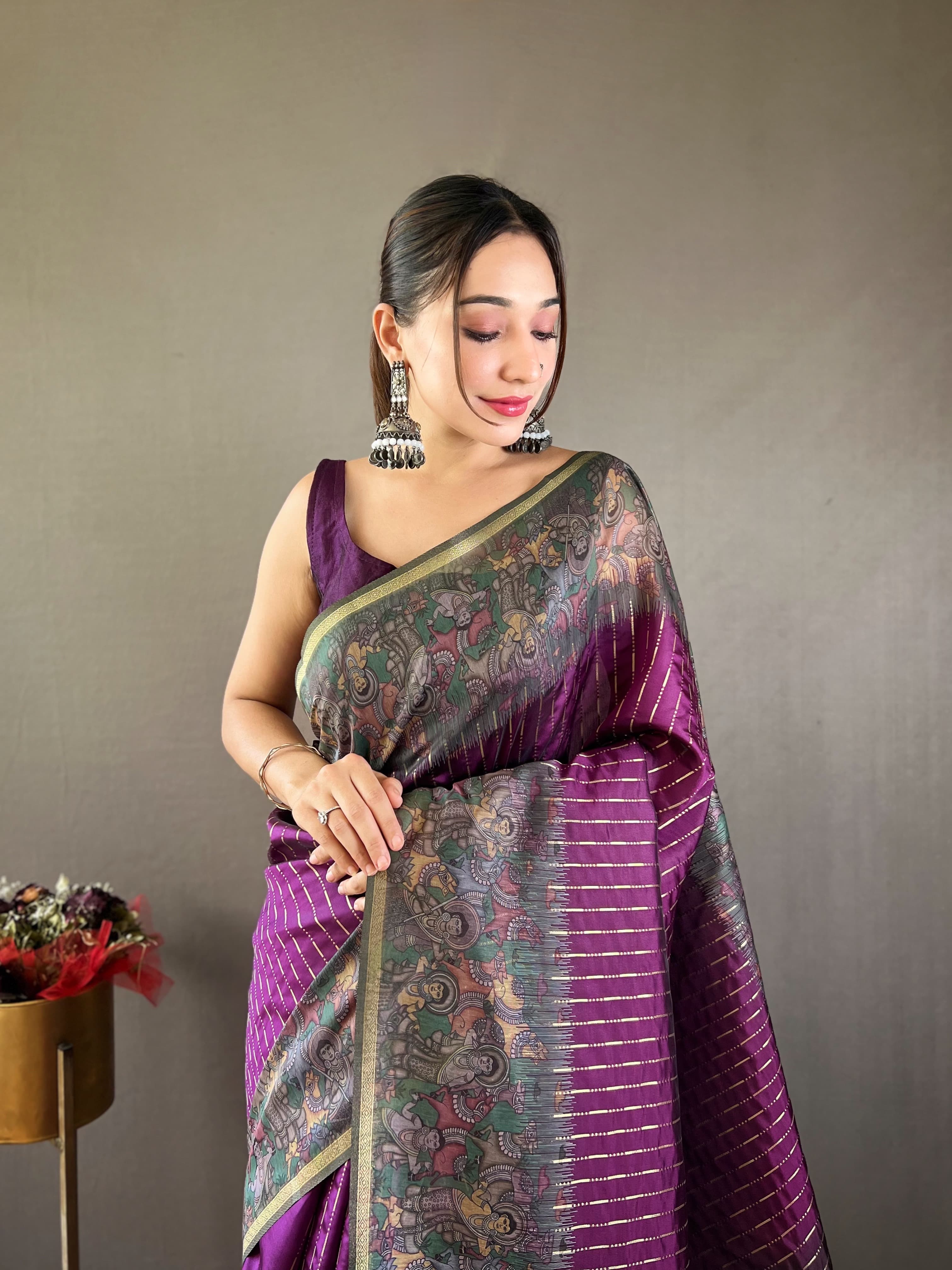 Traditional Digital Print Purple Color Chanderi Silk Saree