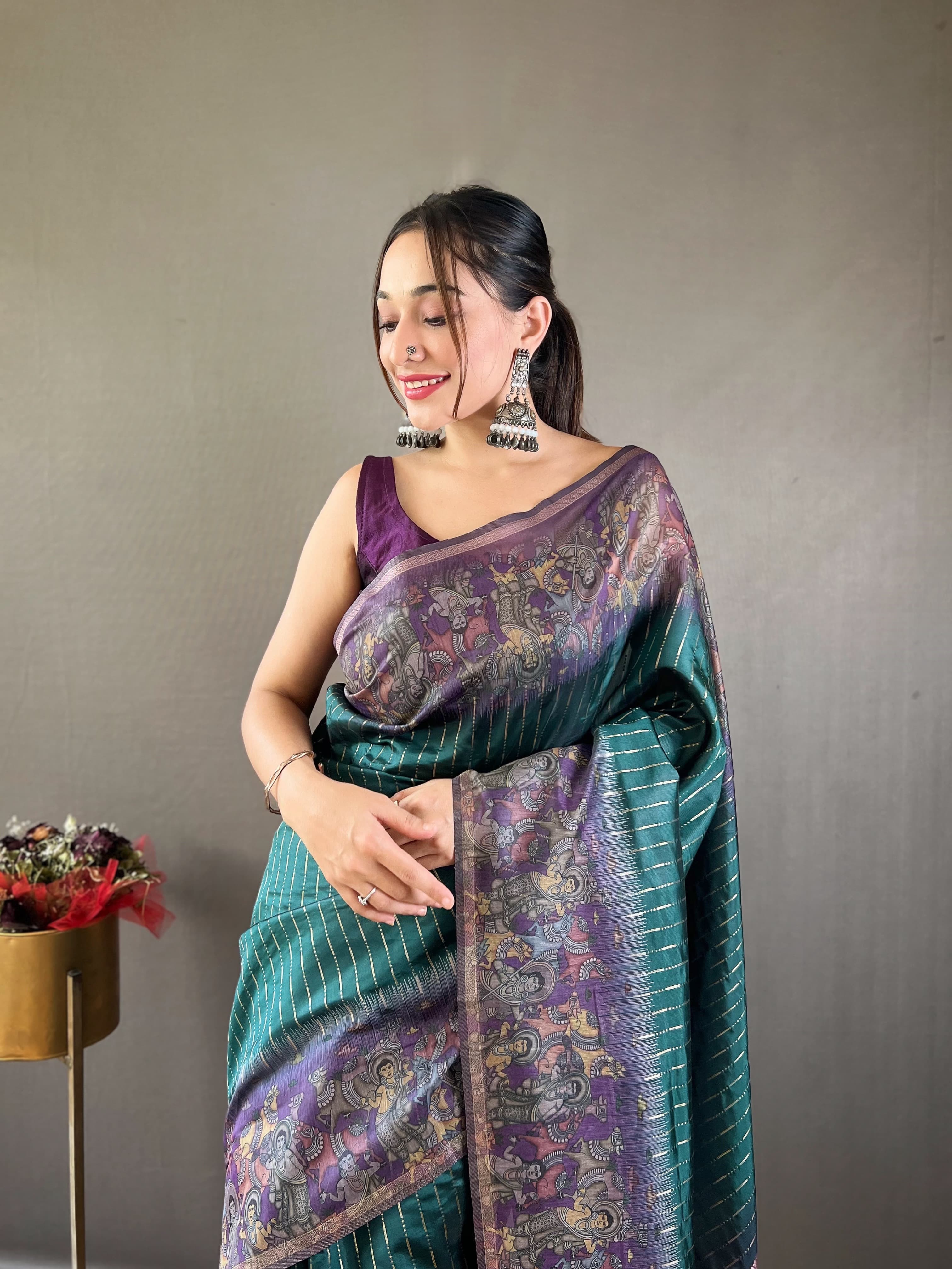 Traditional Digital Print Teal Blue Color Chanderi Silk Saree