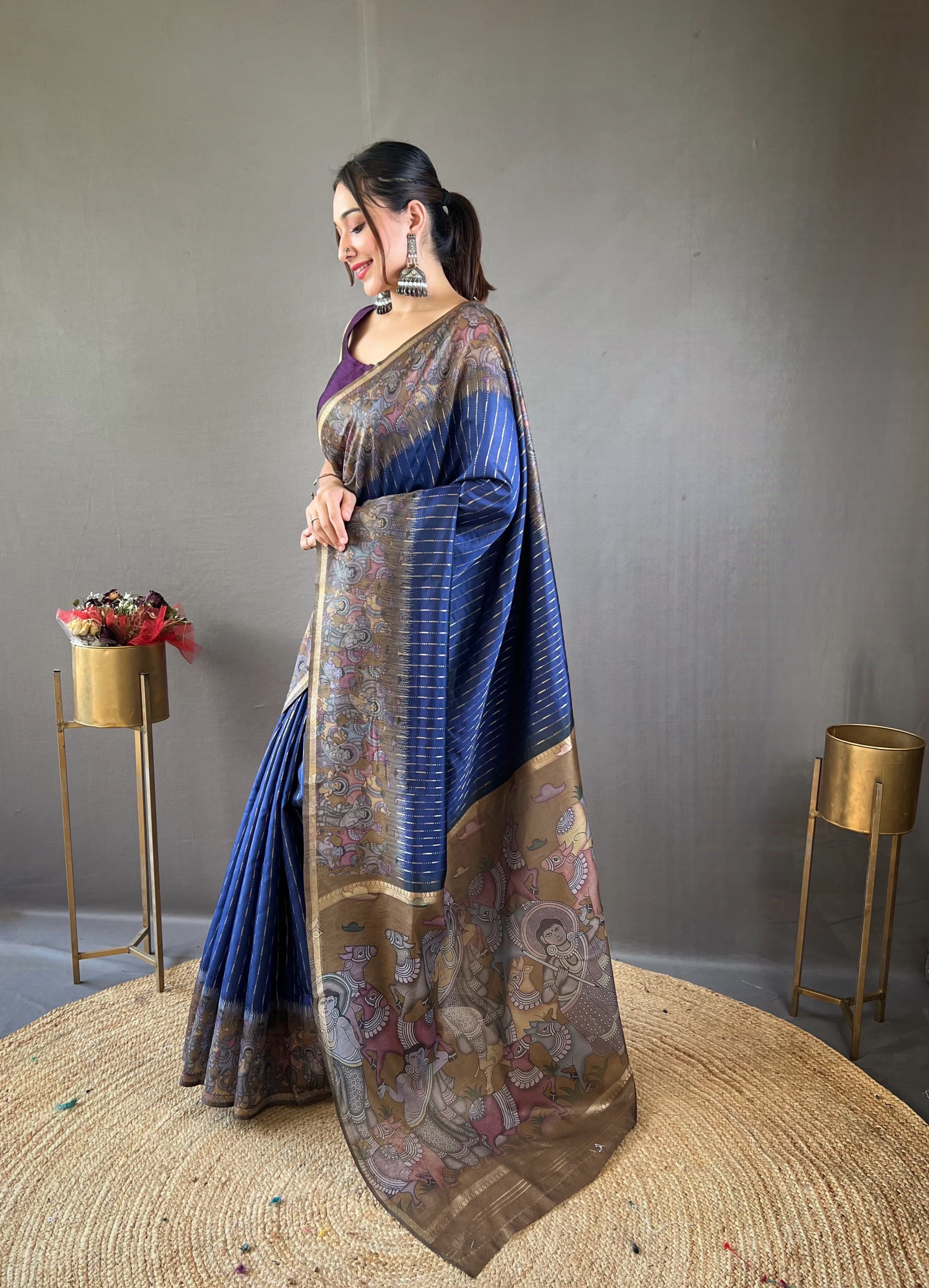 Traditional Digital Print Navy Blue Color Chanderi Silk Saree