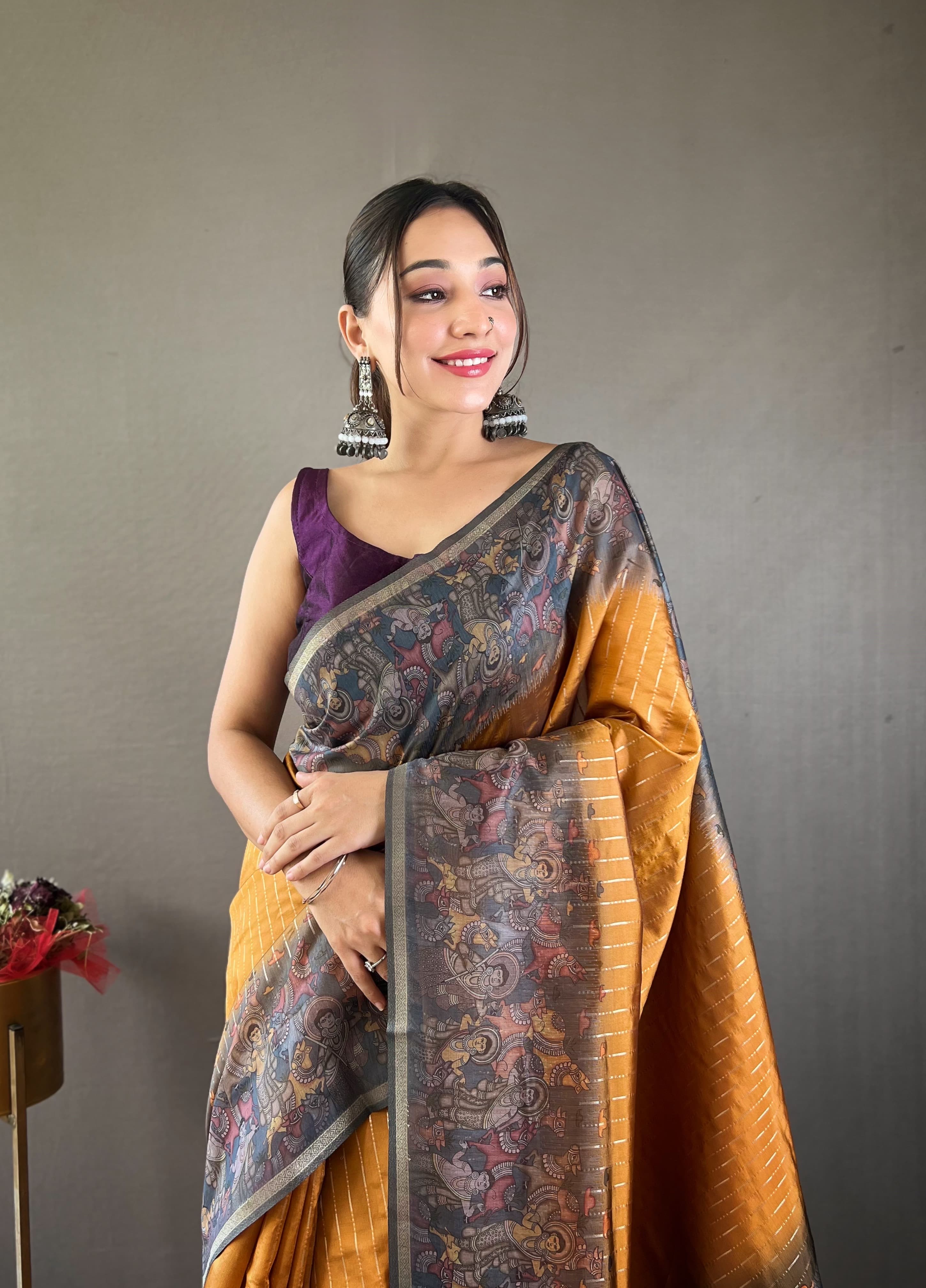 Traditional Digital Print Mustard Color Chanderi Silk Saree