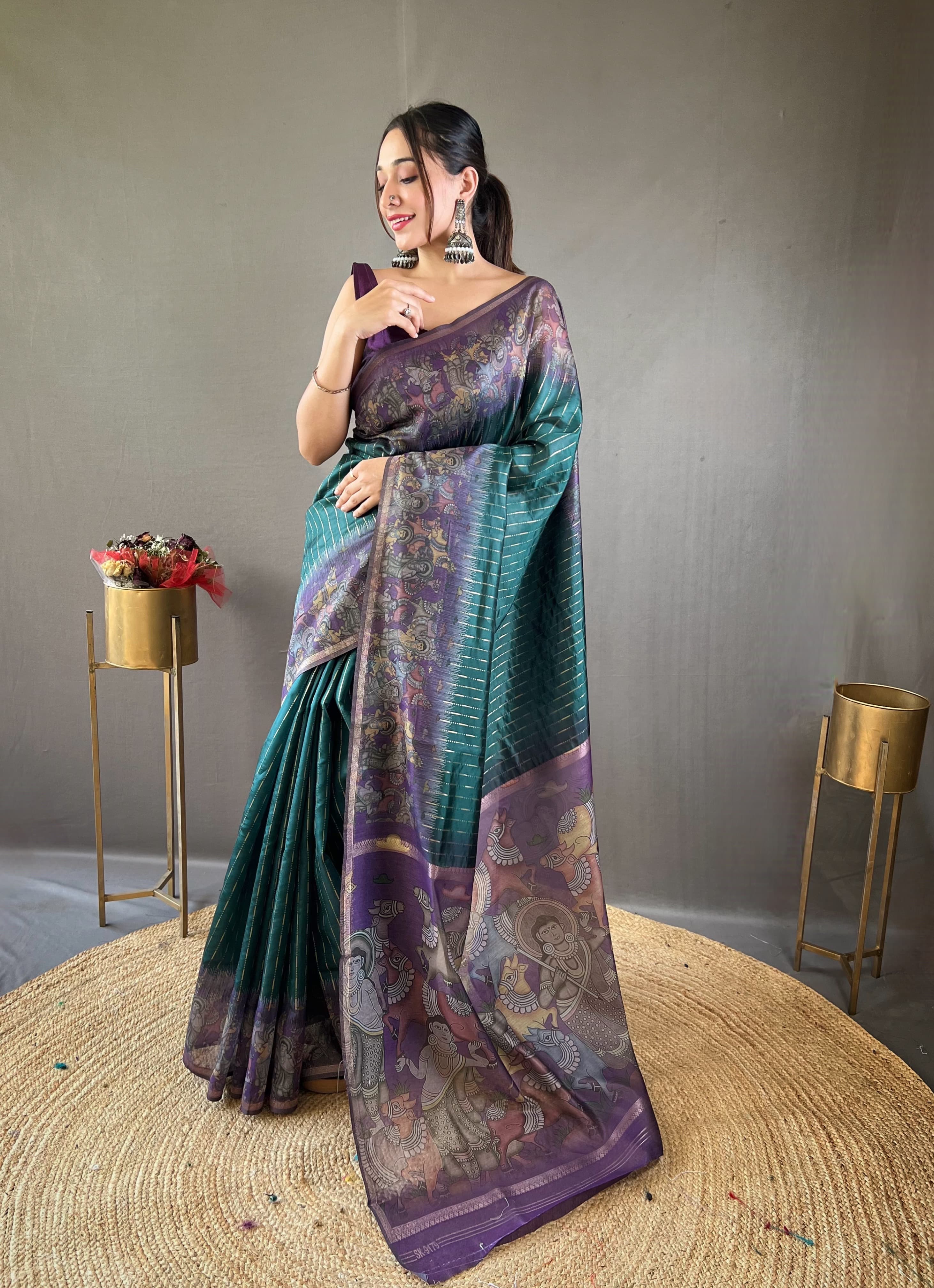 Traditional Digital Print Teal Blue Color Chanderi Silk Saree