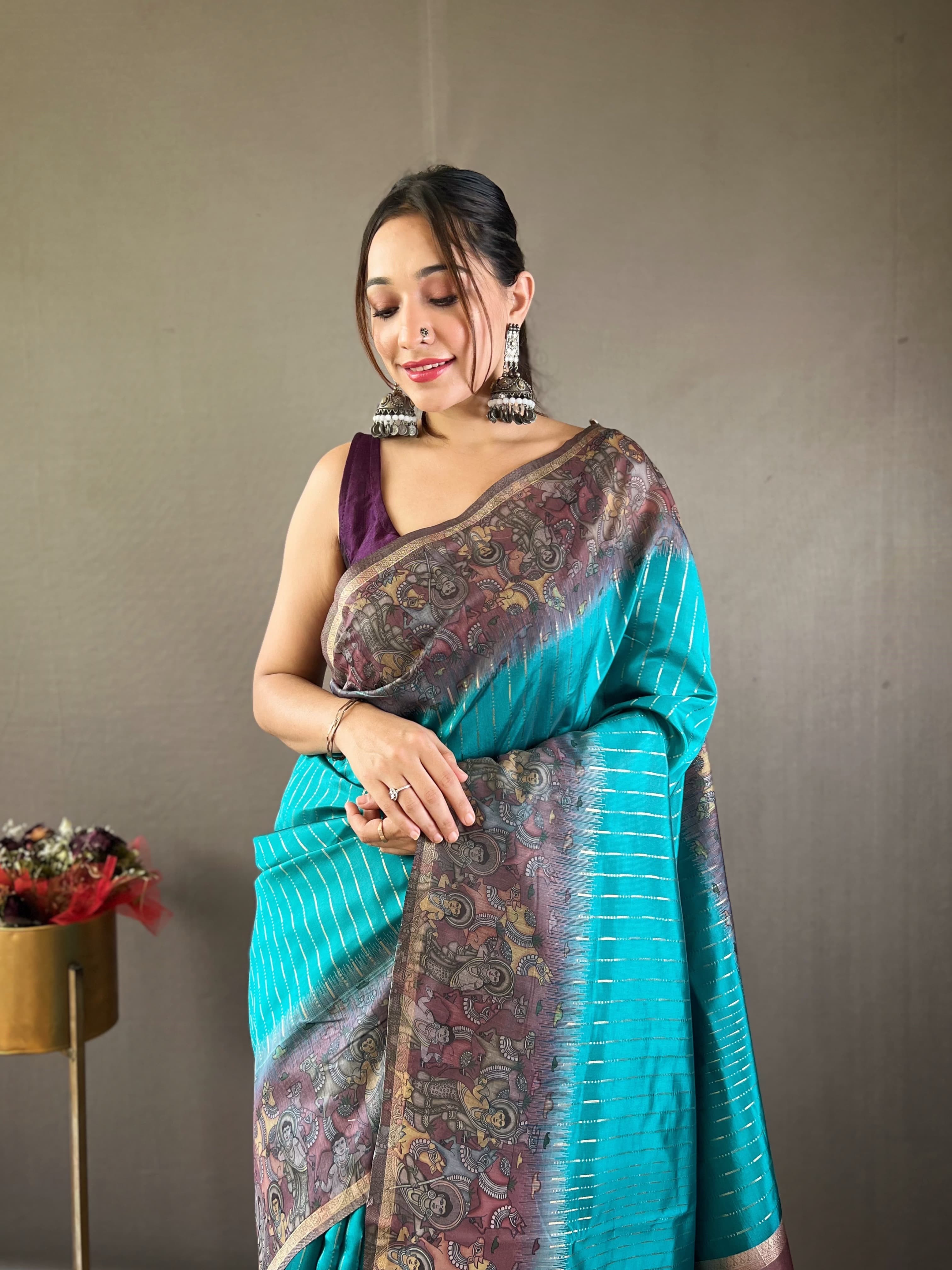 Traditional Digital Print Sky Blue Color Chanderi Silk Saree