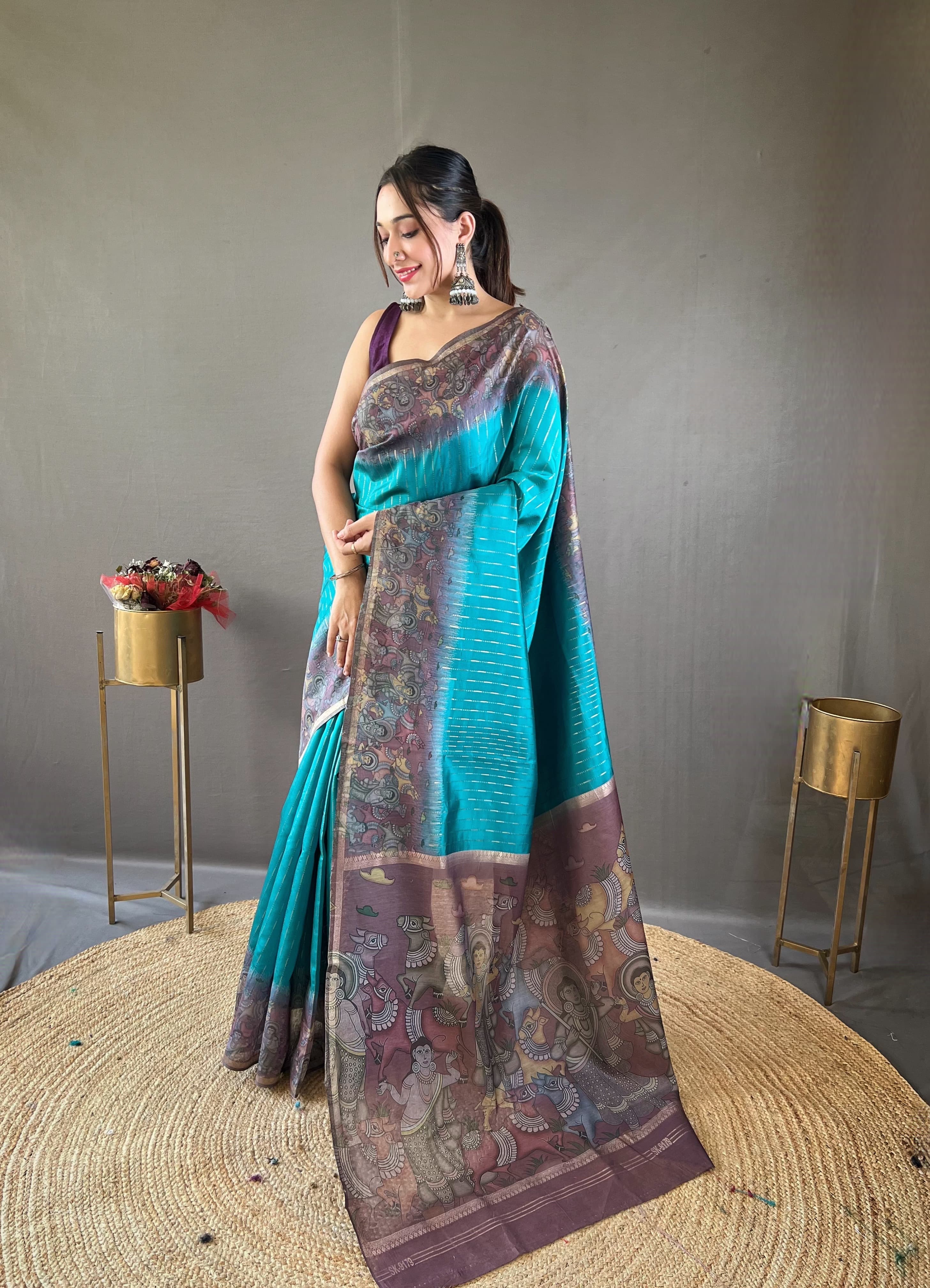 Traditional Digital Print Sky Blue Color Chanderi Silk Saree