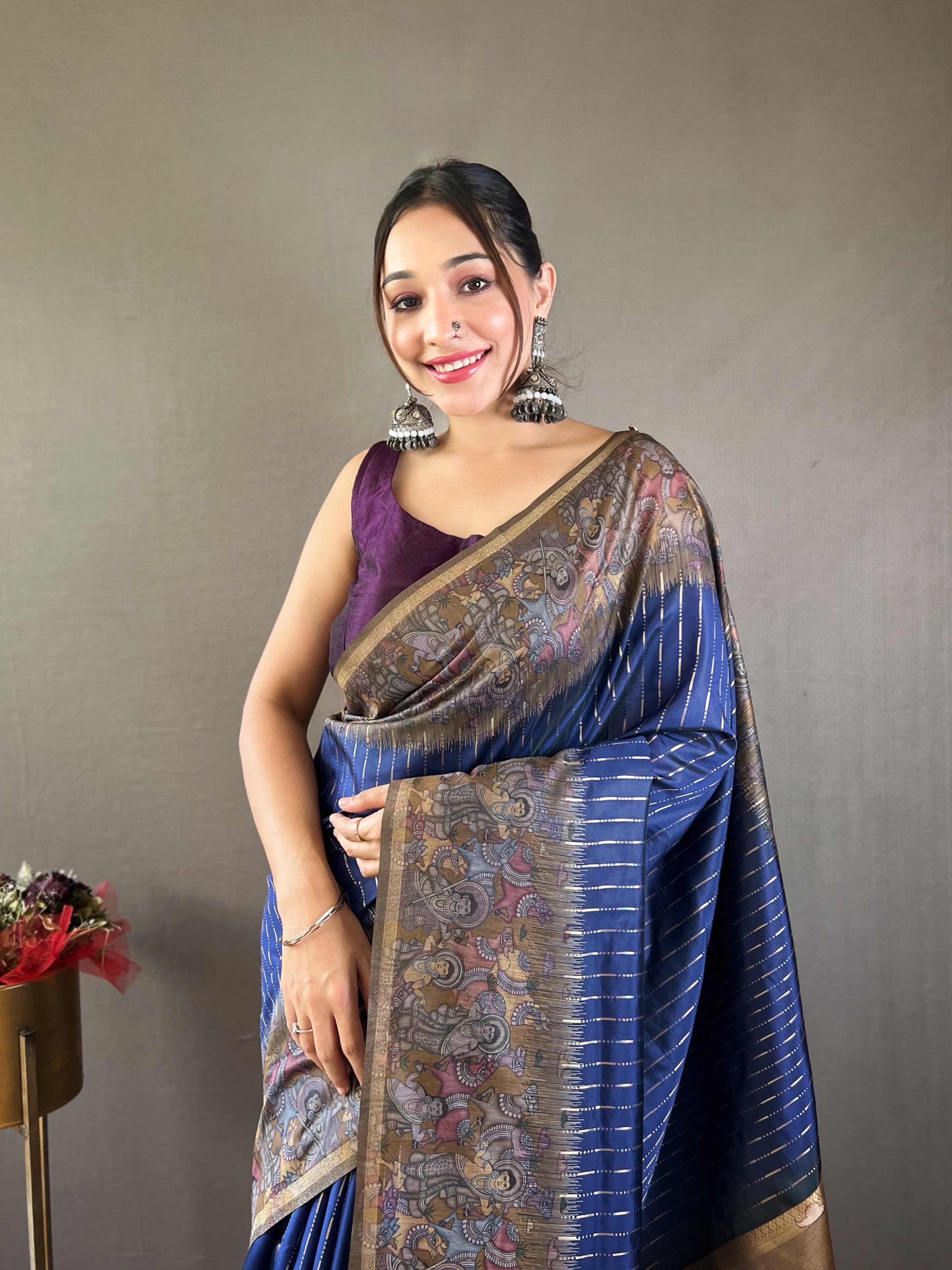 Traditional Digital Print Navy Blue Color Chanderi Silk Saree