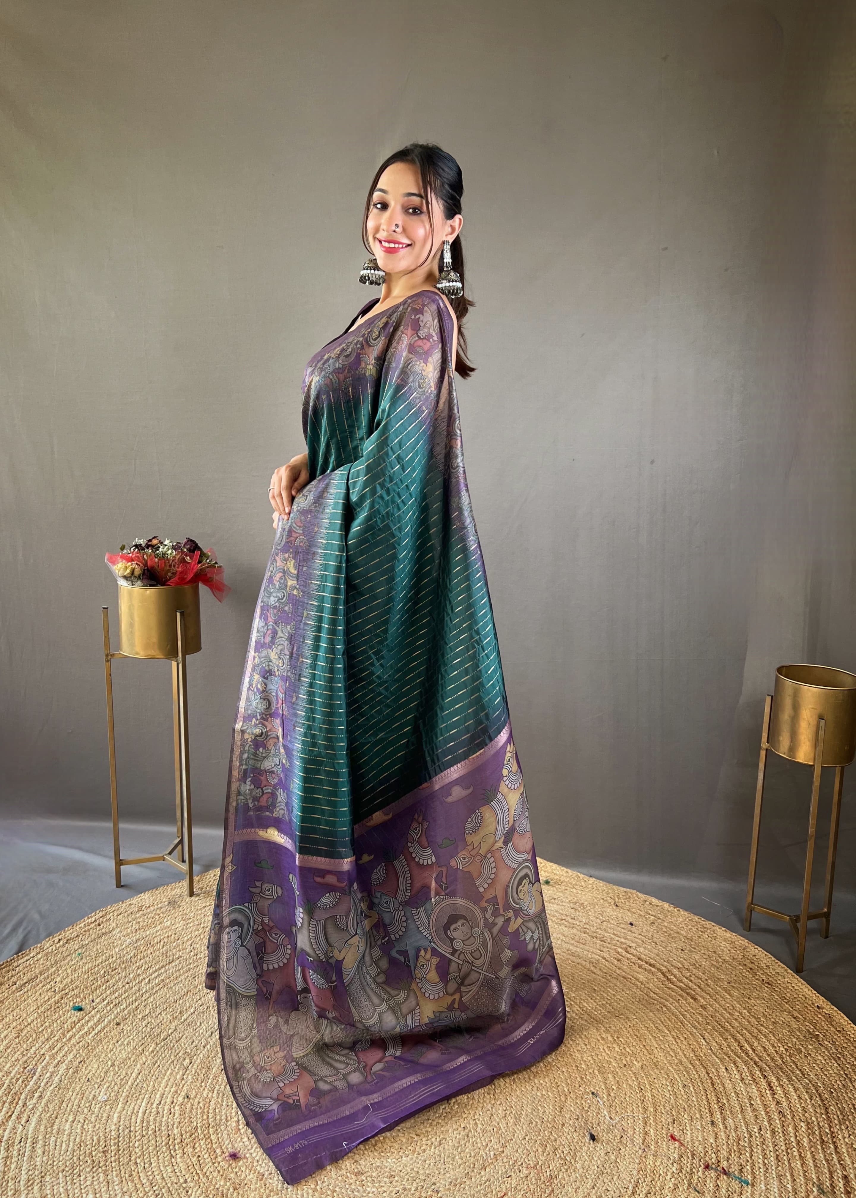 Traditional Digital Print Teal Blue Color Chanderi Silk Saree