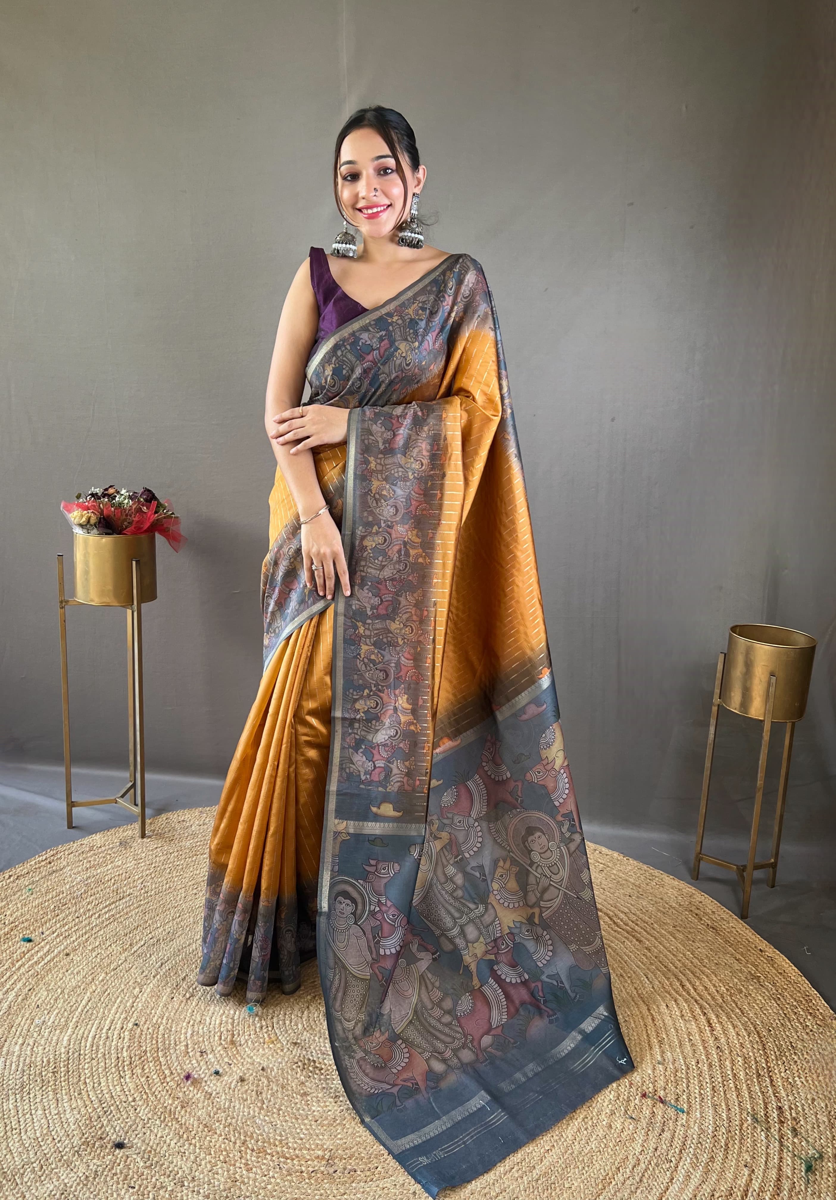 Traditional Digital Print Mustard Color Chanderi Silk Saree