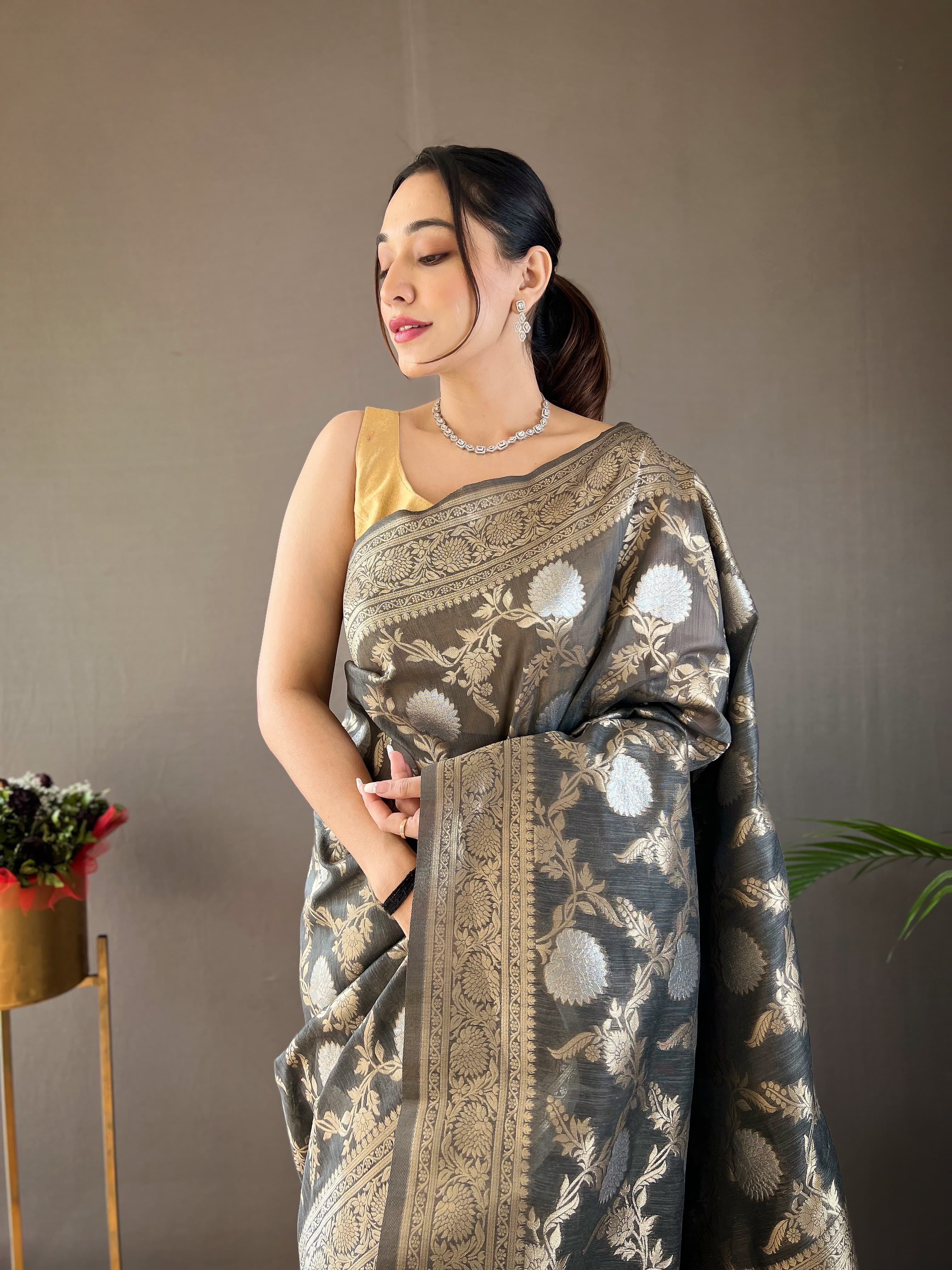 Grey Color Copper And Gold Zari Weaving Cotton Saree