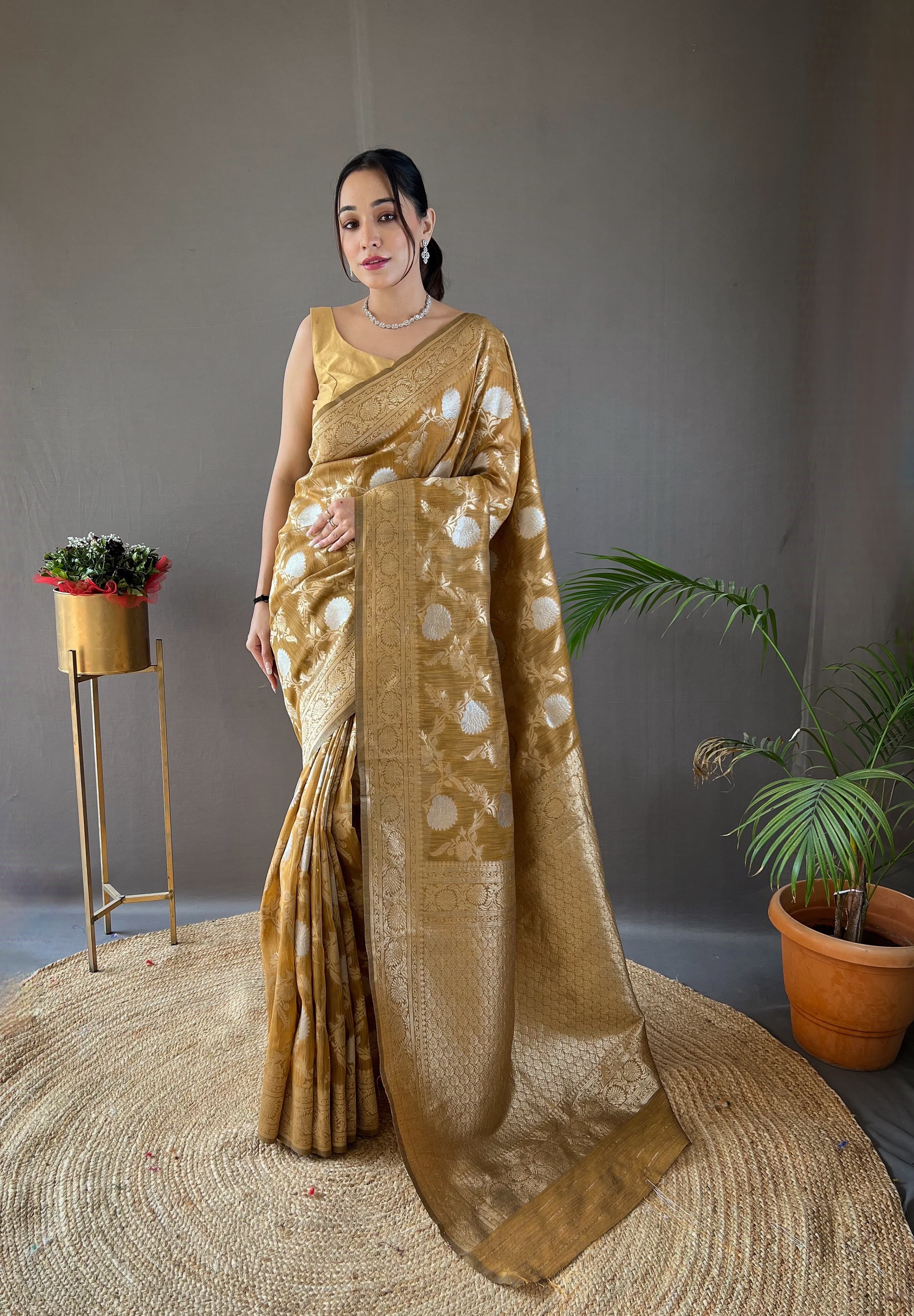 Mustard Color Copper And Gold Zari Weaving Cotton Saree