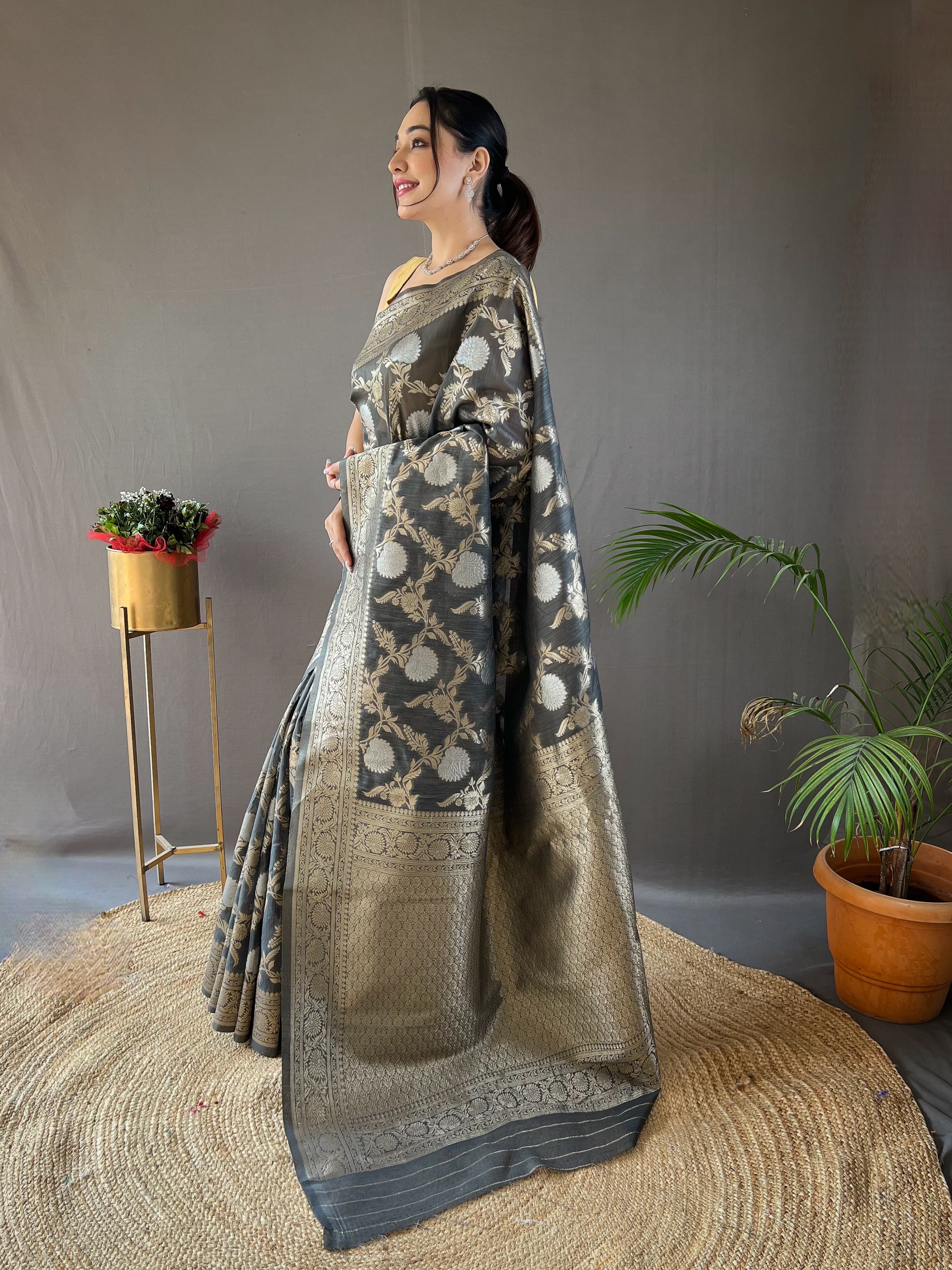 Grey Color Copper And Gold Zari Weaving Cotton Saree