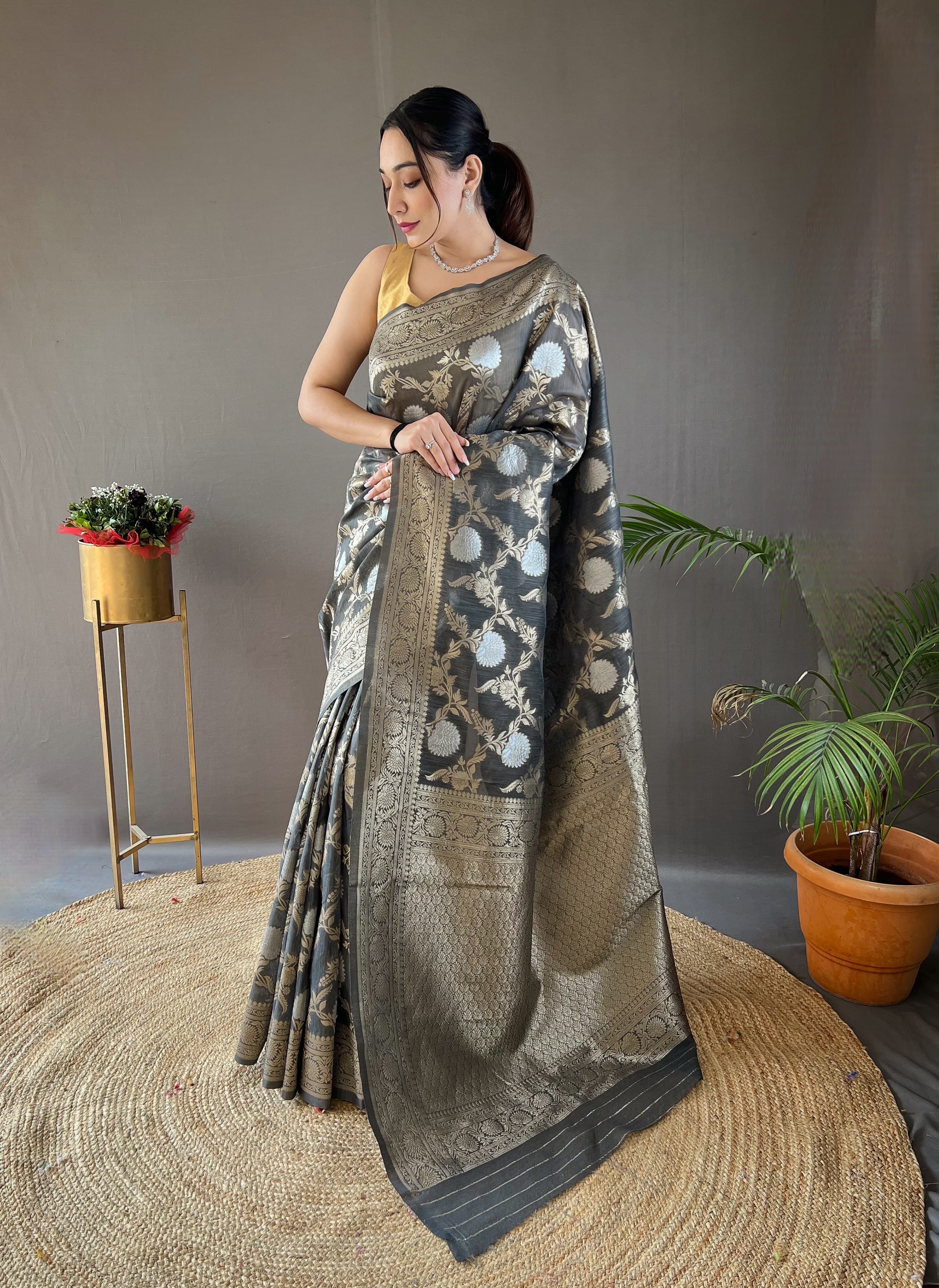 Grey Color Copper And Gold Zari Weaving Cotton Saree