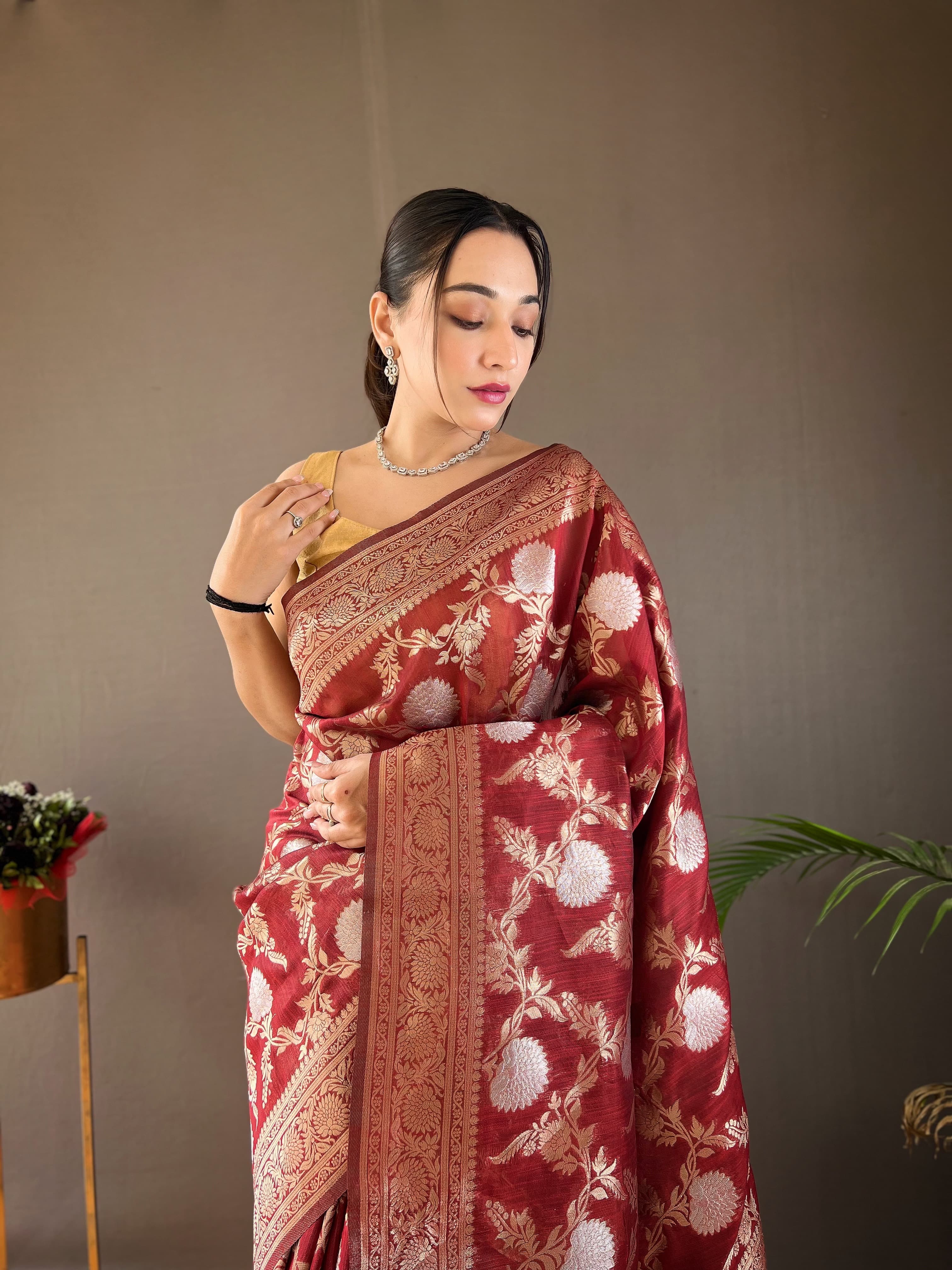 Maroon Color Copper And Gold Zari Weaving Cotton Saree