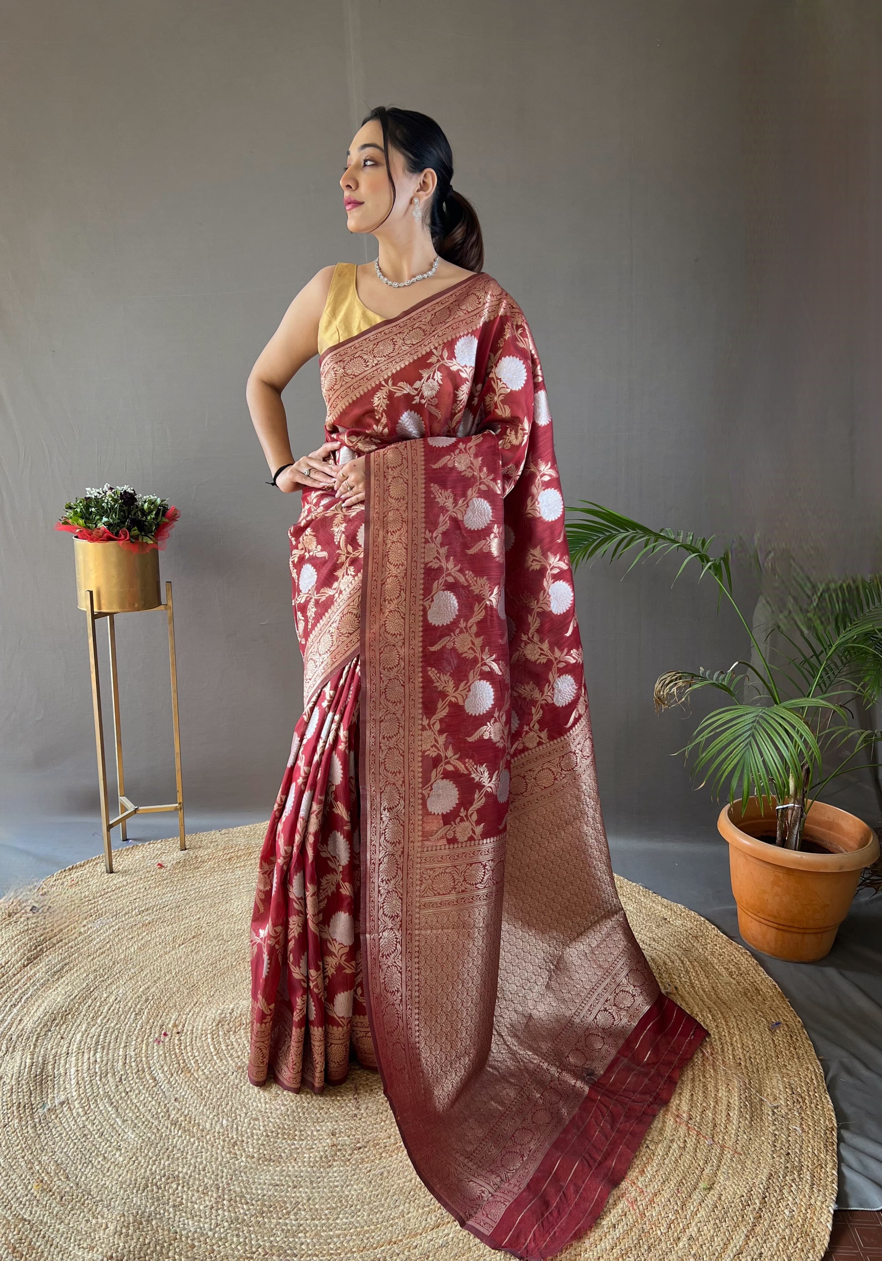 Maroon Color Copper And Gold Zari Weaving Cotton Saree