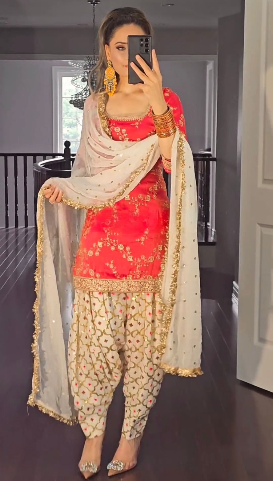 Sangeet Wear Orange Designer Party Wear Look Top With Patiyala Salwar Suit and Dupatta