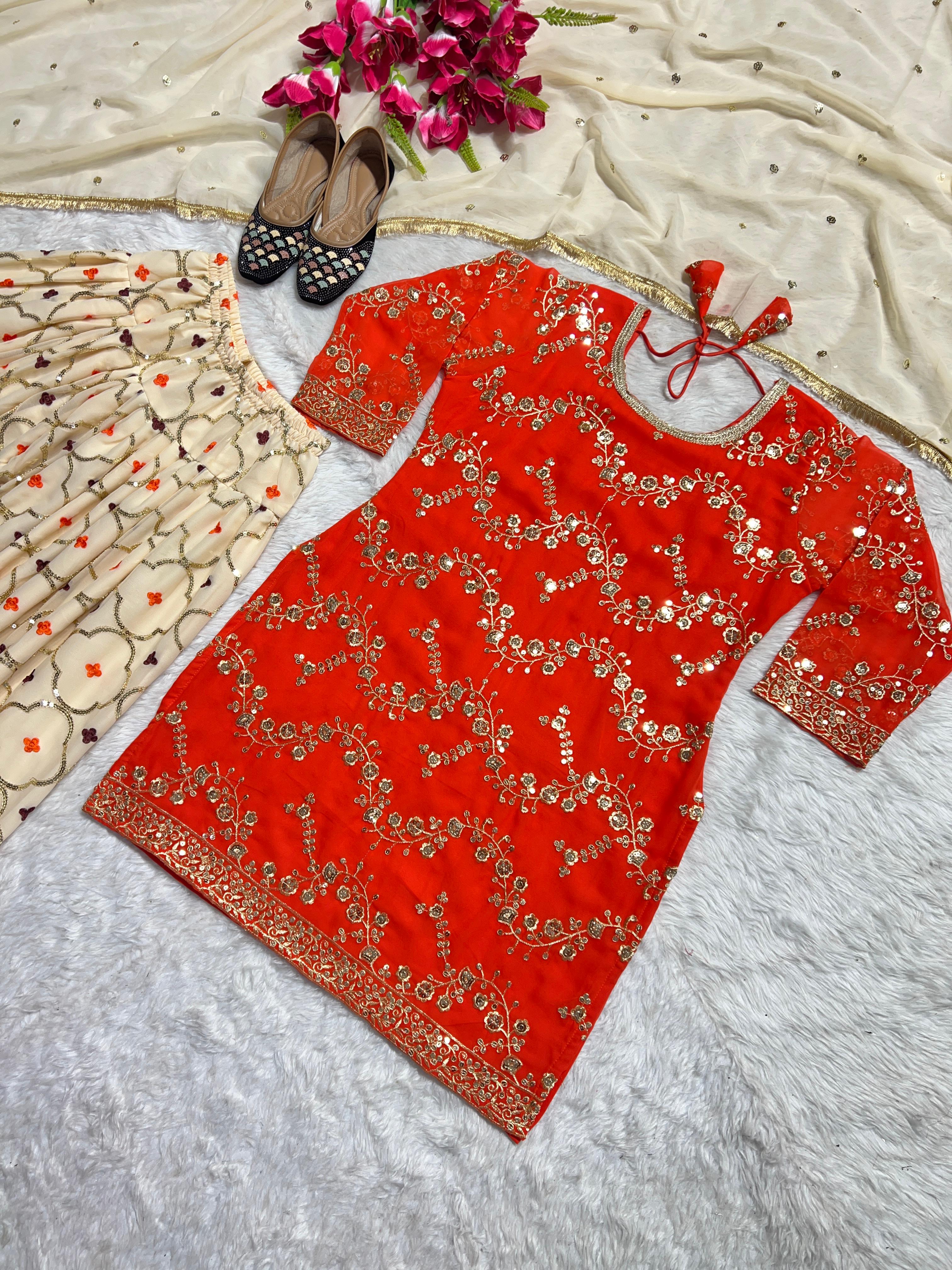 Sangeet Wear Orange Designer Party Wear Look Top With Patiyala Salwar Suit and Dupatta