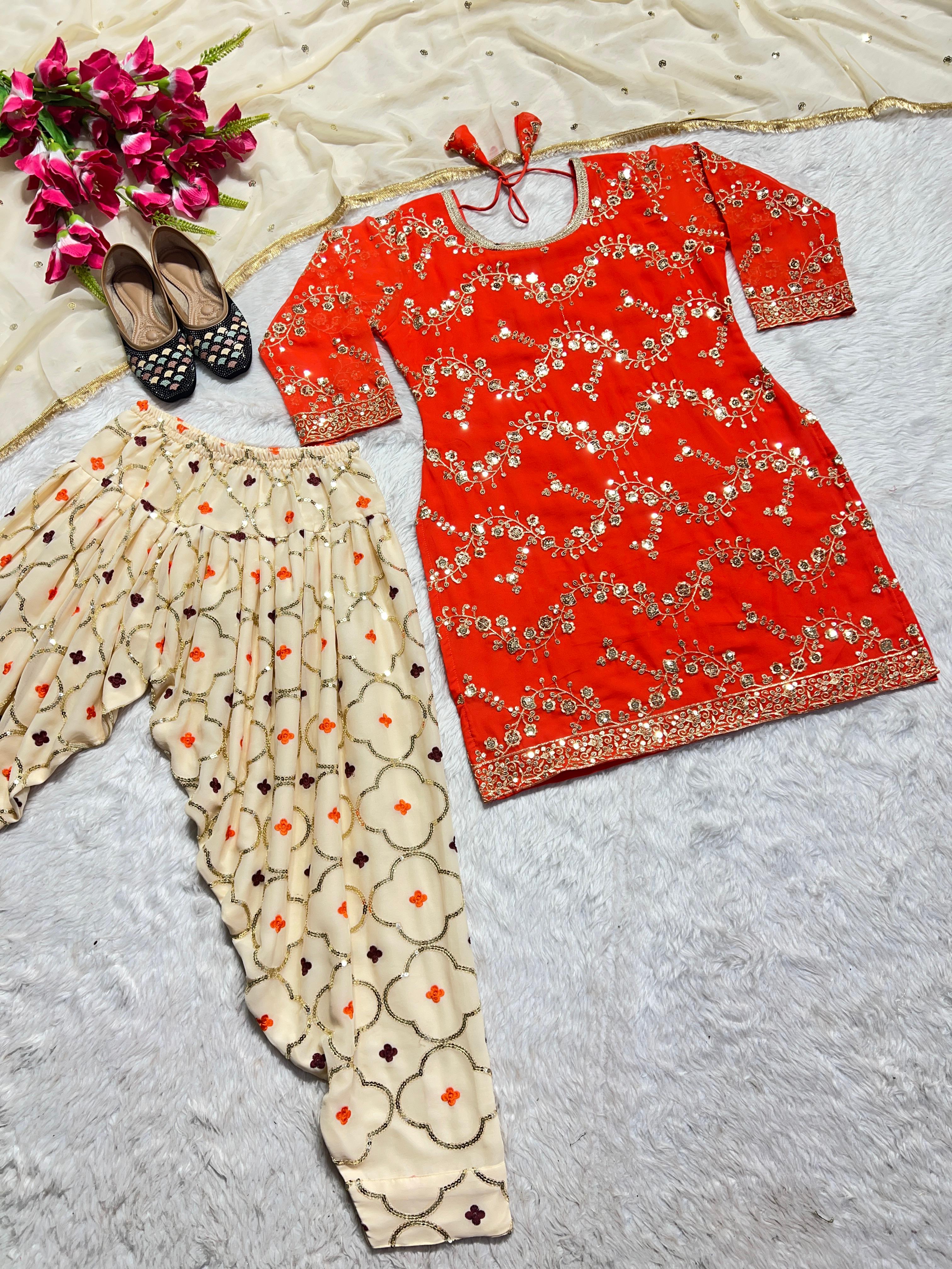 Sangeet Wear Orange Designer Party Wear Look Top With Patiyala Salwar Suit and Dupatta