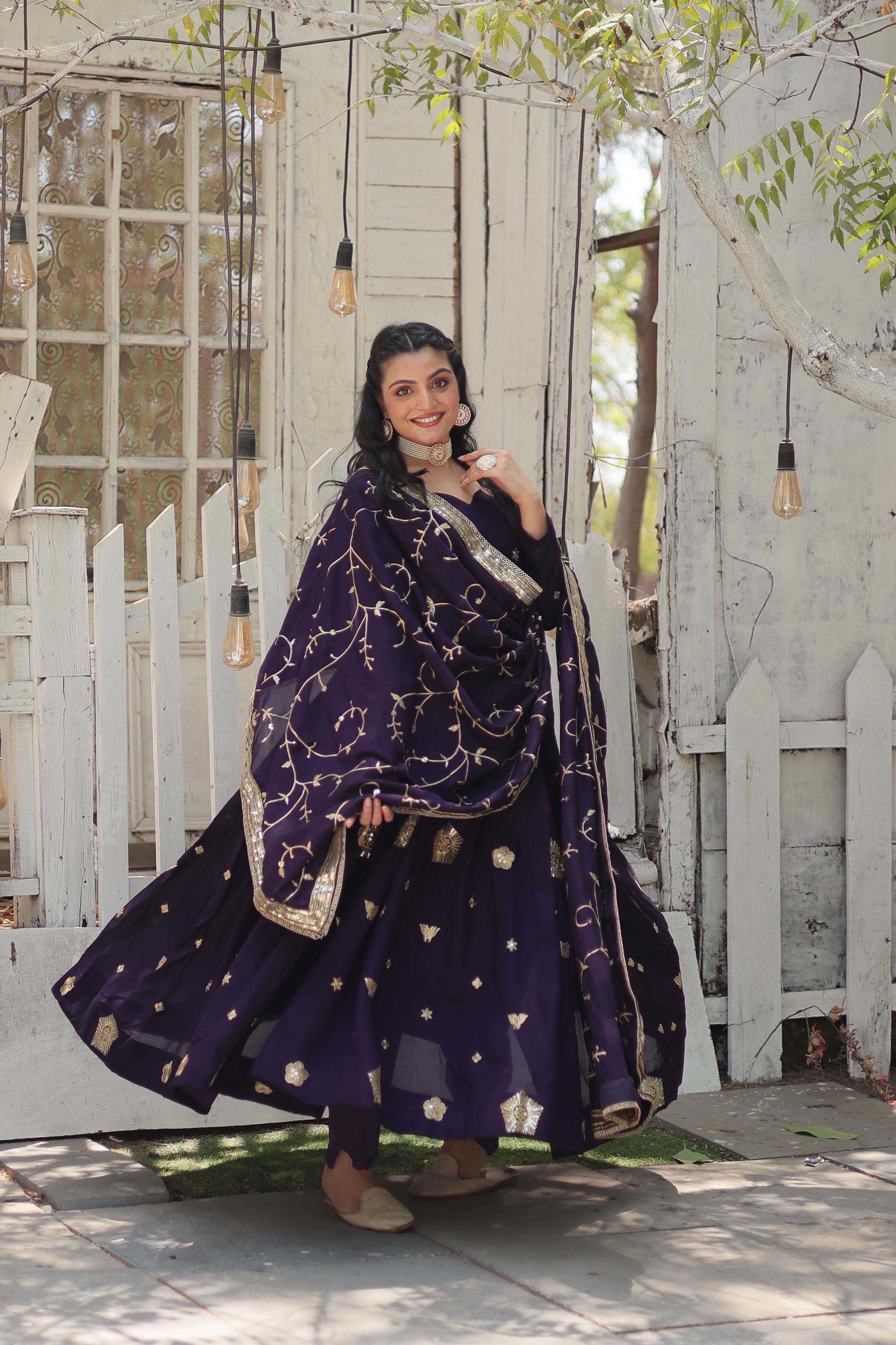 Purple Embroidered Silk Wedding Wear Designer Gown With Dupatta