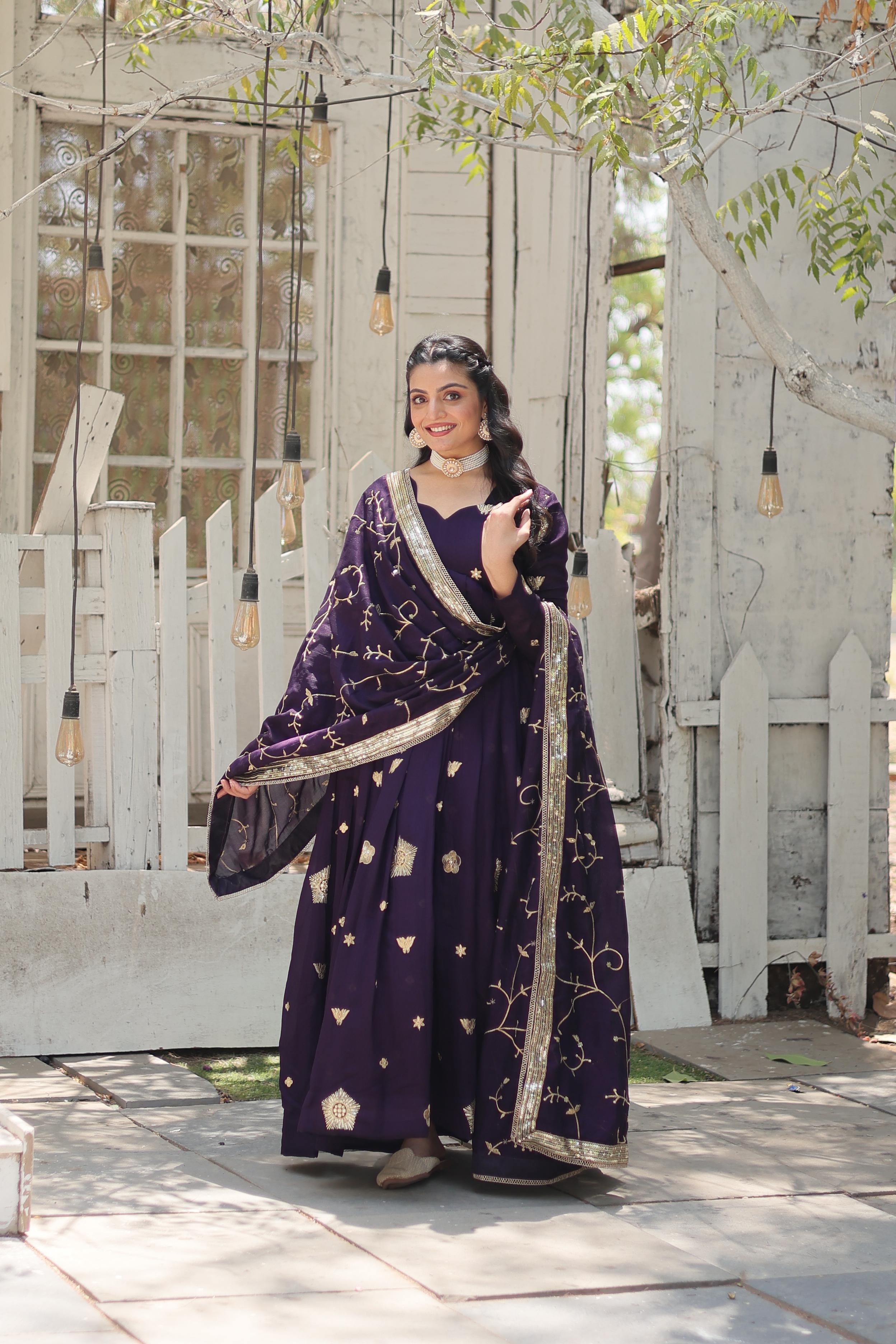 Purple Embroidered Silk Wedding Wear Designer Gown With Dupatta