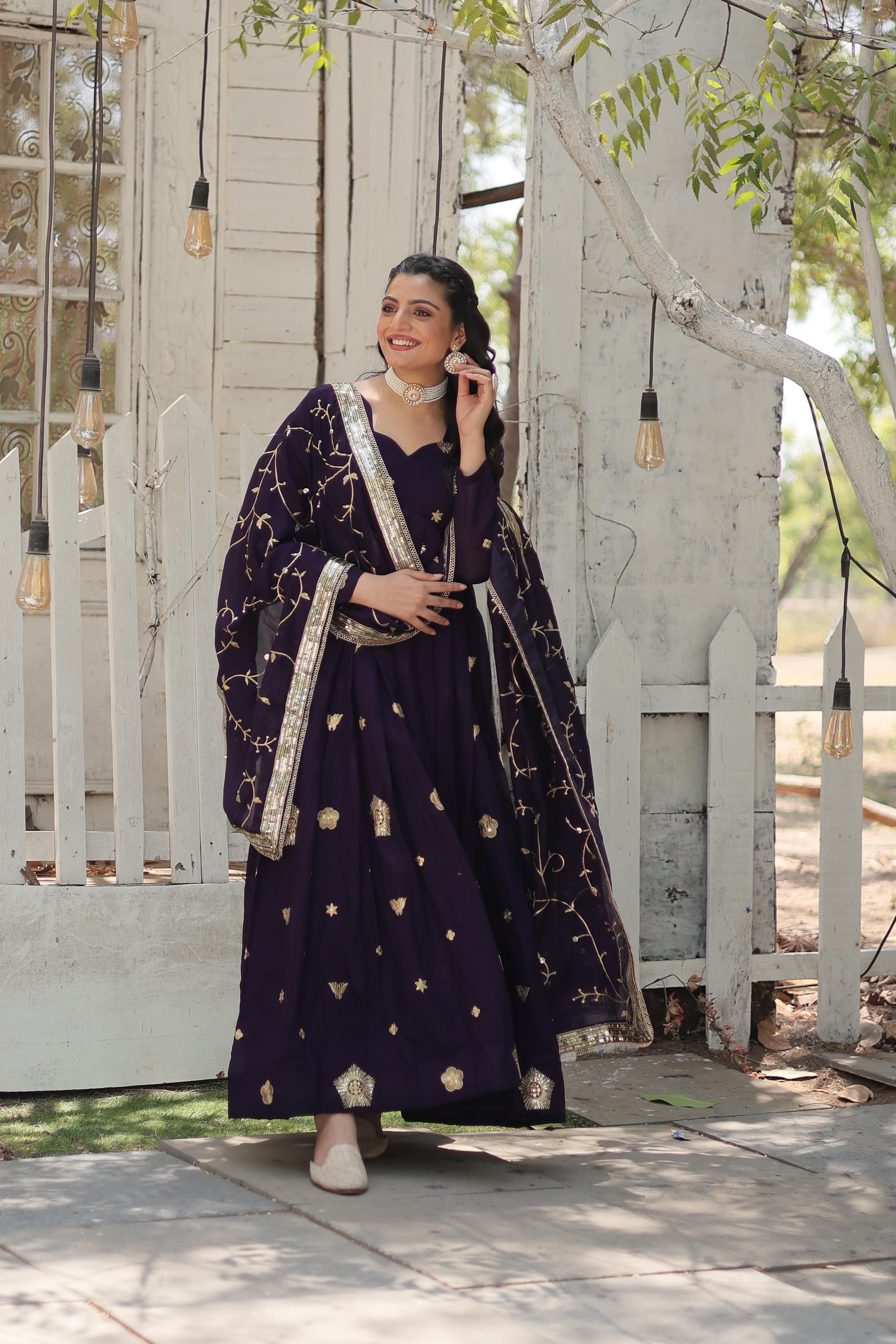 Purple Embroidered Silk Wedding Wear Designer Gown With Dupatta