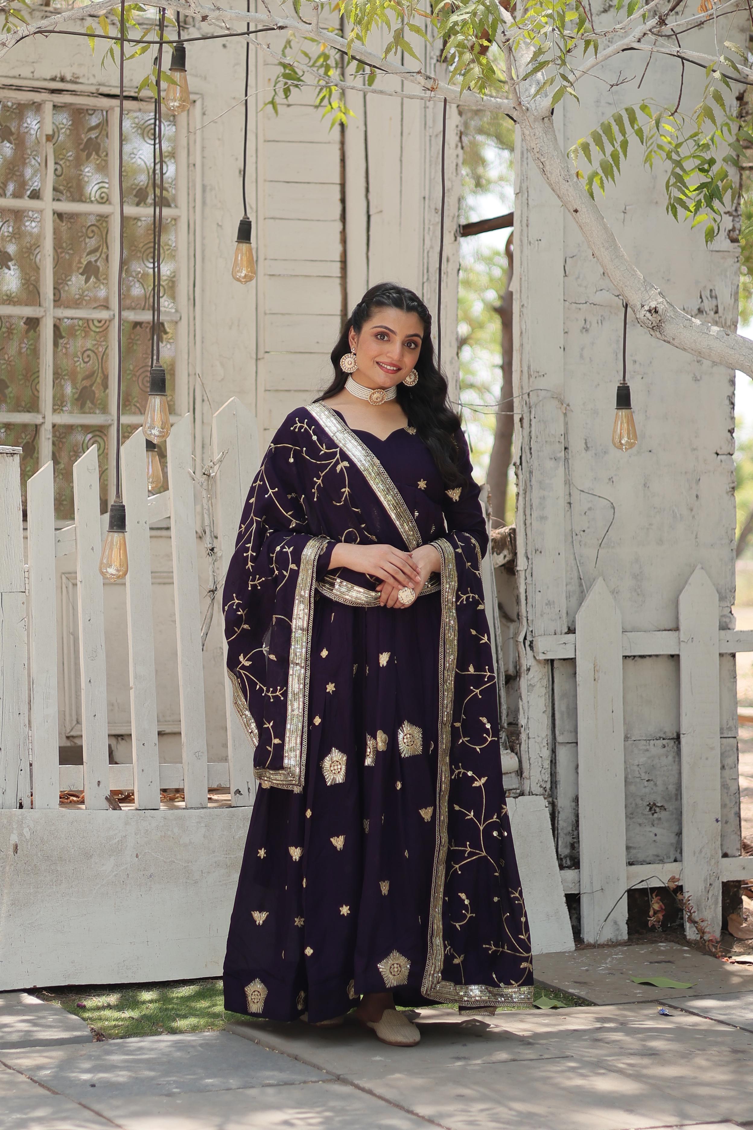 Purple Embroidered Silk Wedding Wear Designer Gown With Dupatta