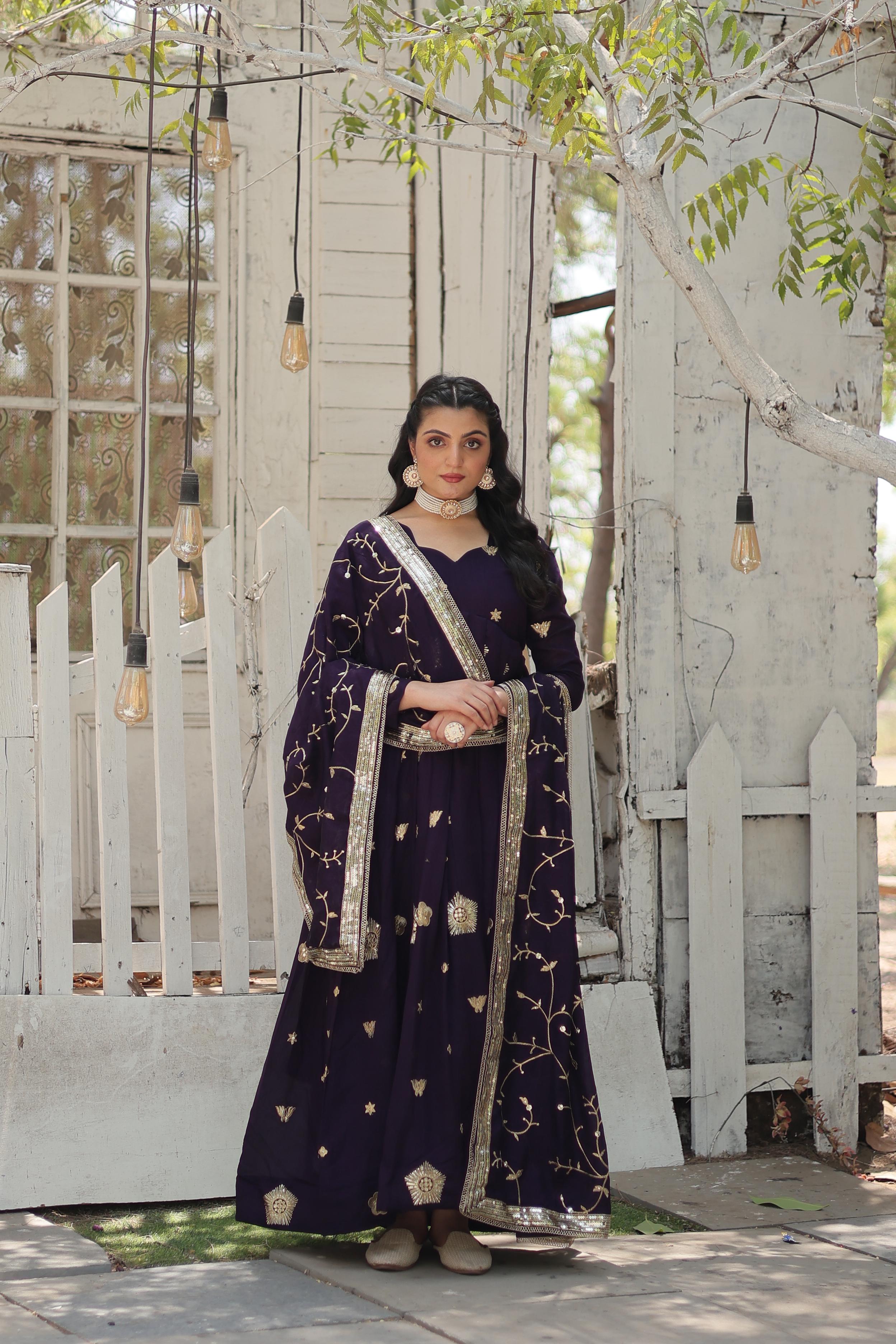 Purple Embroidered Silk Wedding Wear Designer Gown With Dupatta