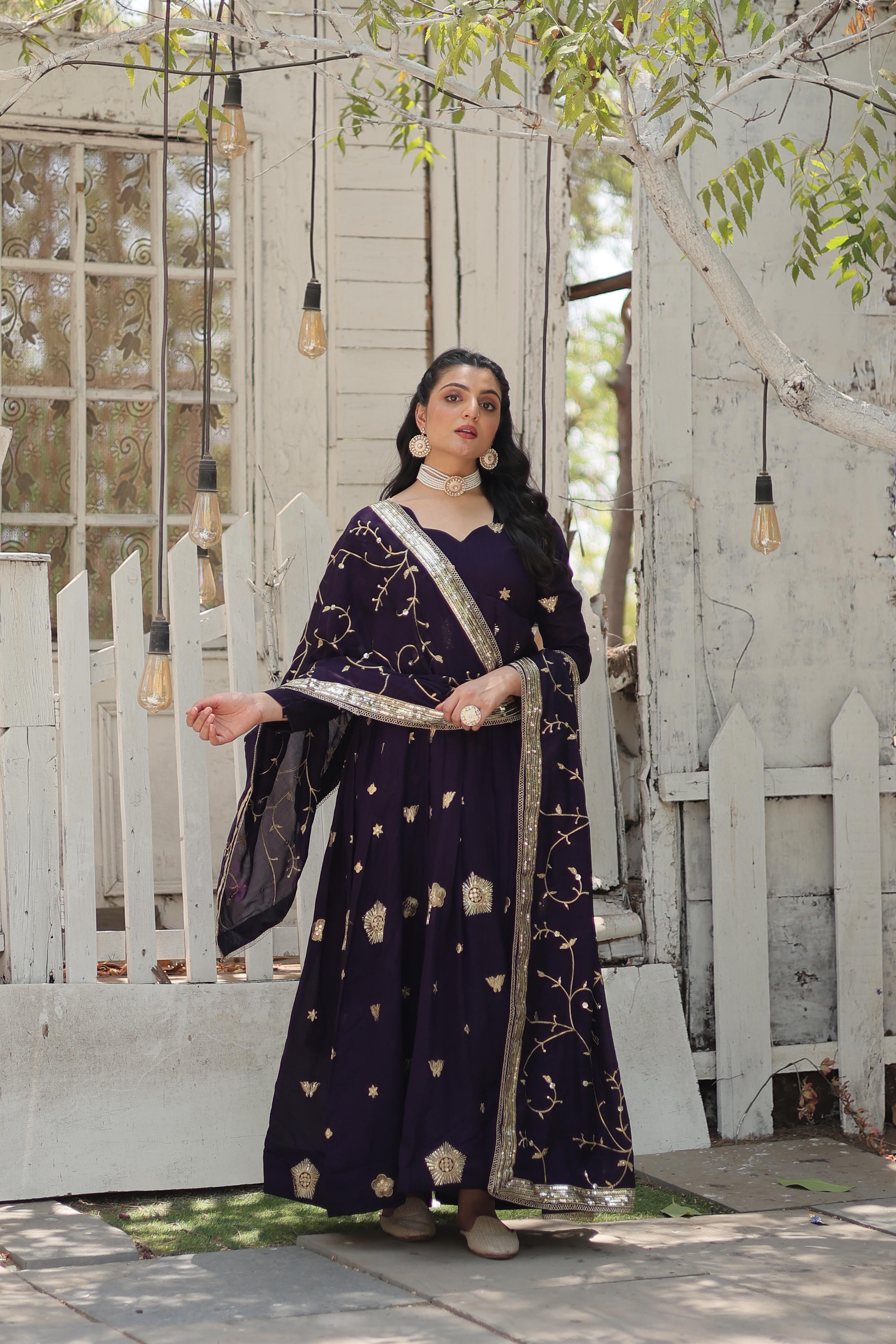 Purple Embroidered Silk Wedding Wear Designer Gown With Dupatta