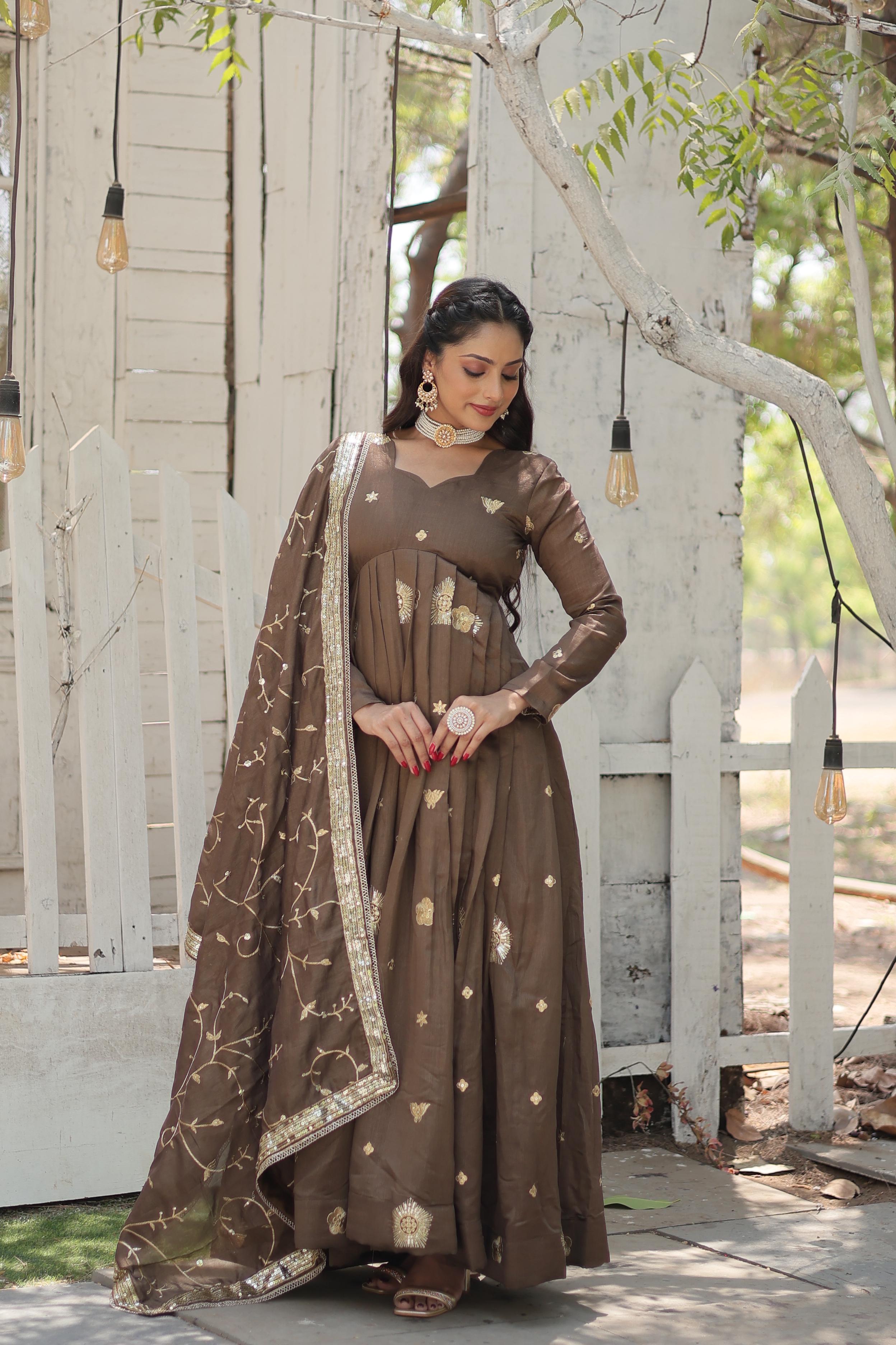 Brown Vichitra Embroidered Work Party Wear Designer Gown With Dupatta