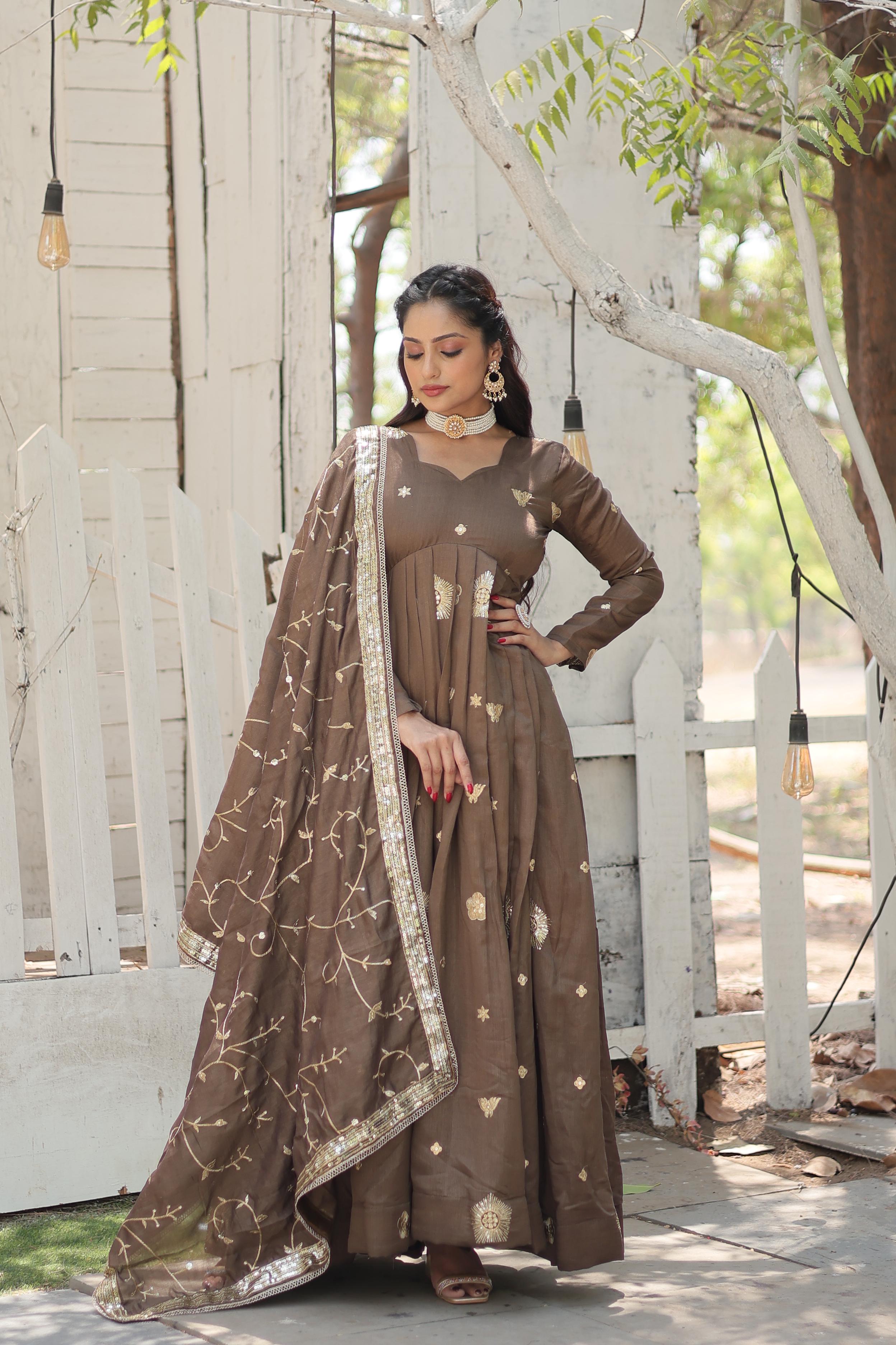 Brown Vichitra Embroidered Work Party Wear Designer Gown With Dupatta