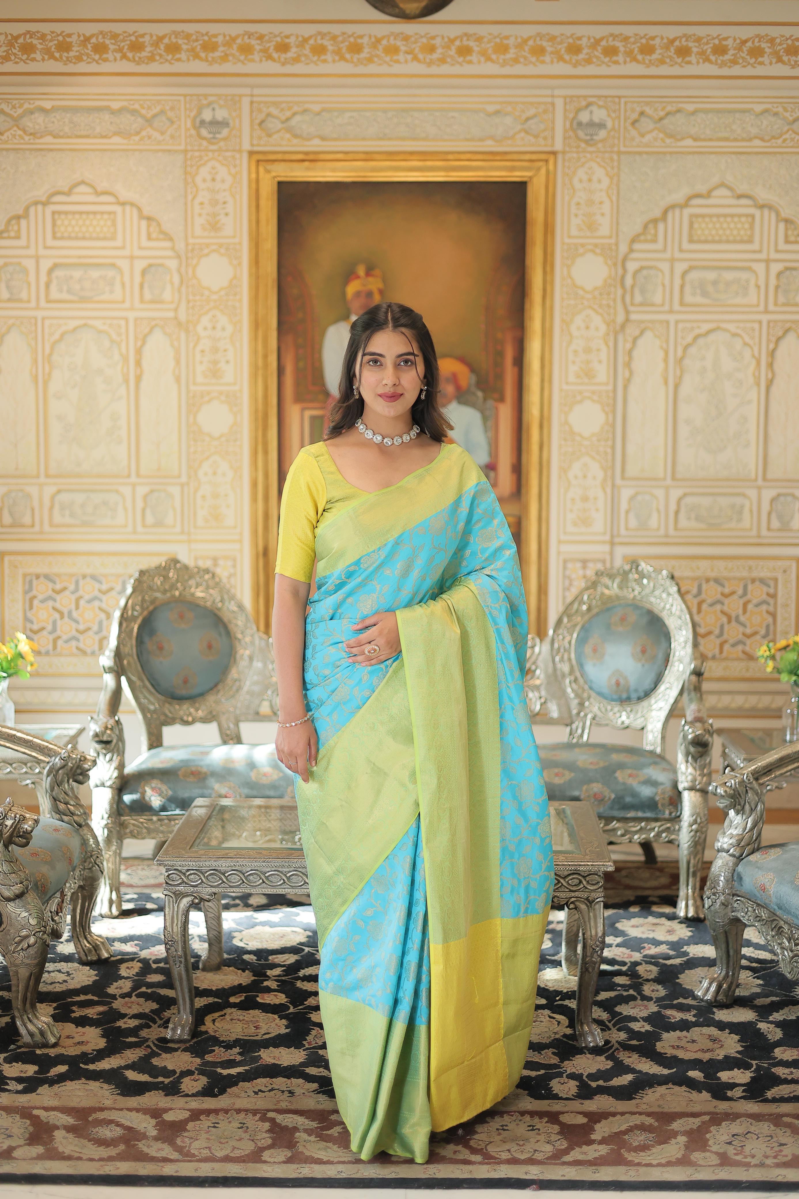 Opulent Zari Weaving Green Border With Sky Blue Saree