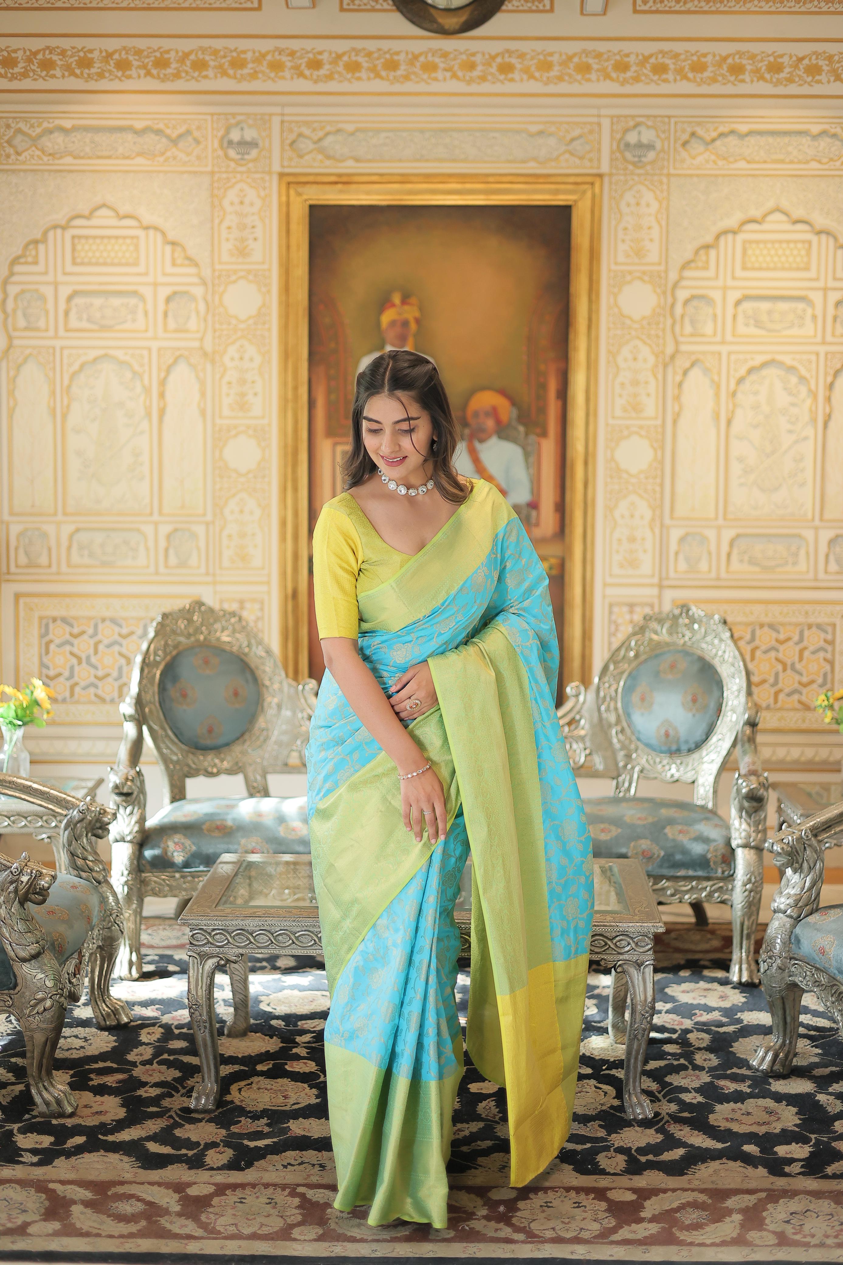 Opulent Zari Weaving Green Border With Sky Blue Saree