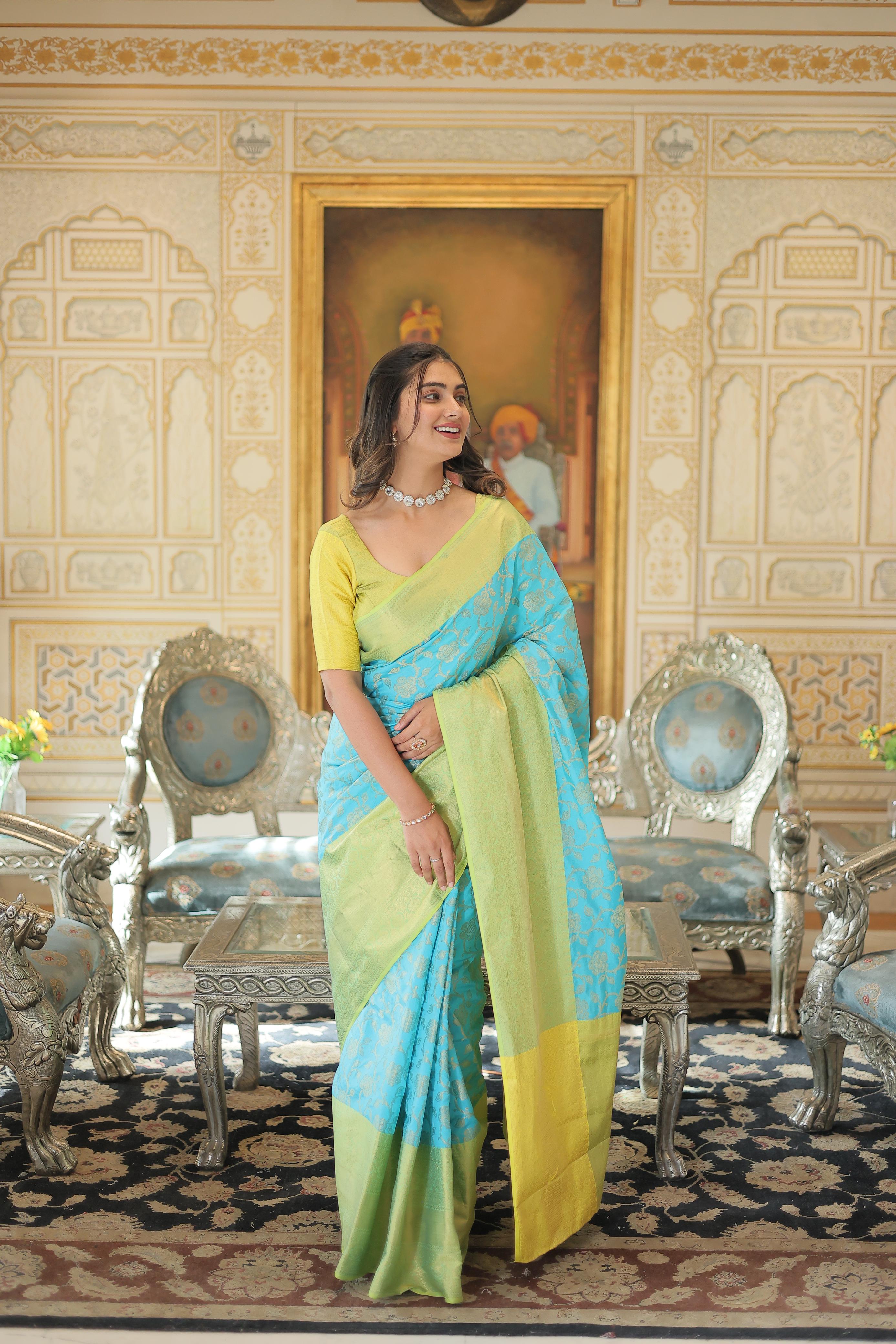 Opulent Zari Weaving Green Border With Sky Blue Saree