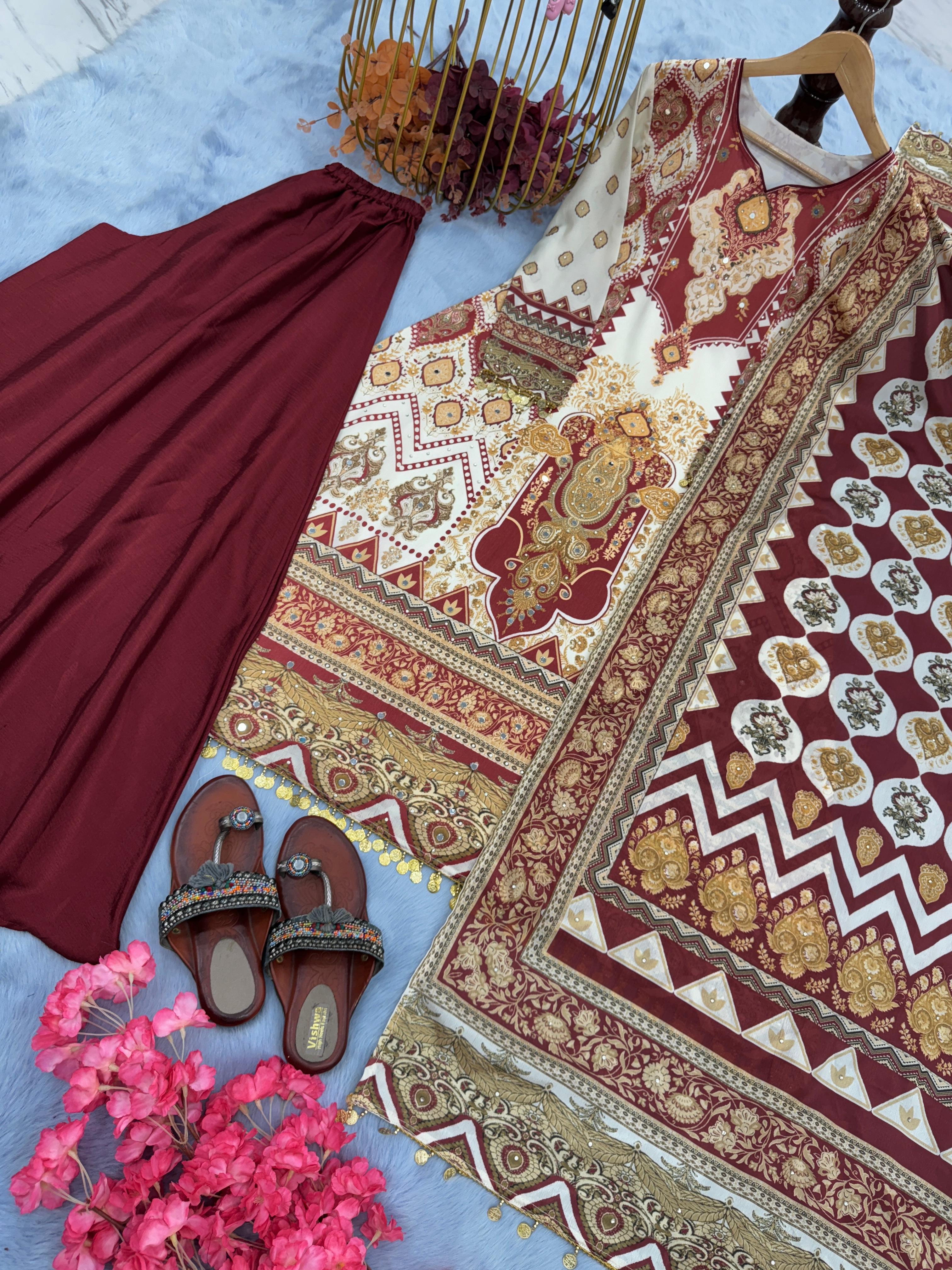 Beautiful Heavy Chinon Silk With Digital Print Maroon Color Plazzo Suit