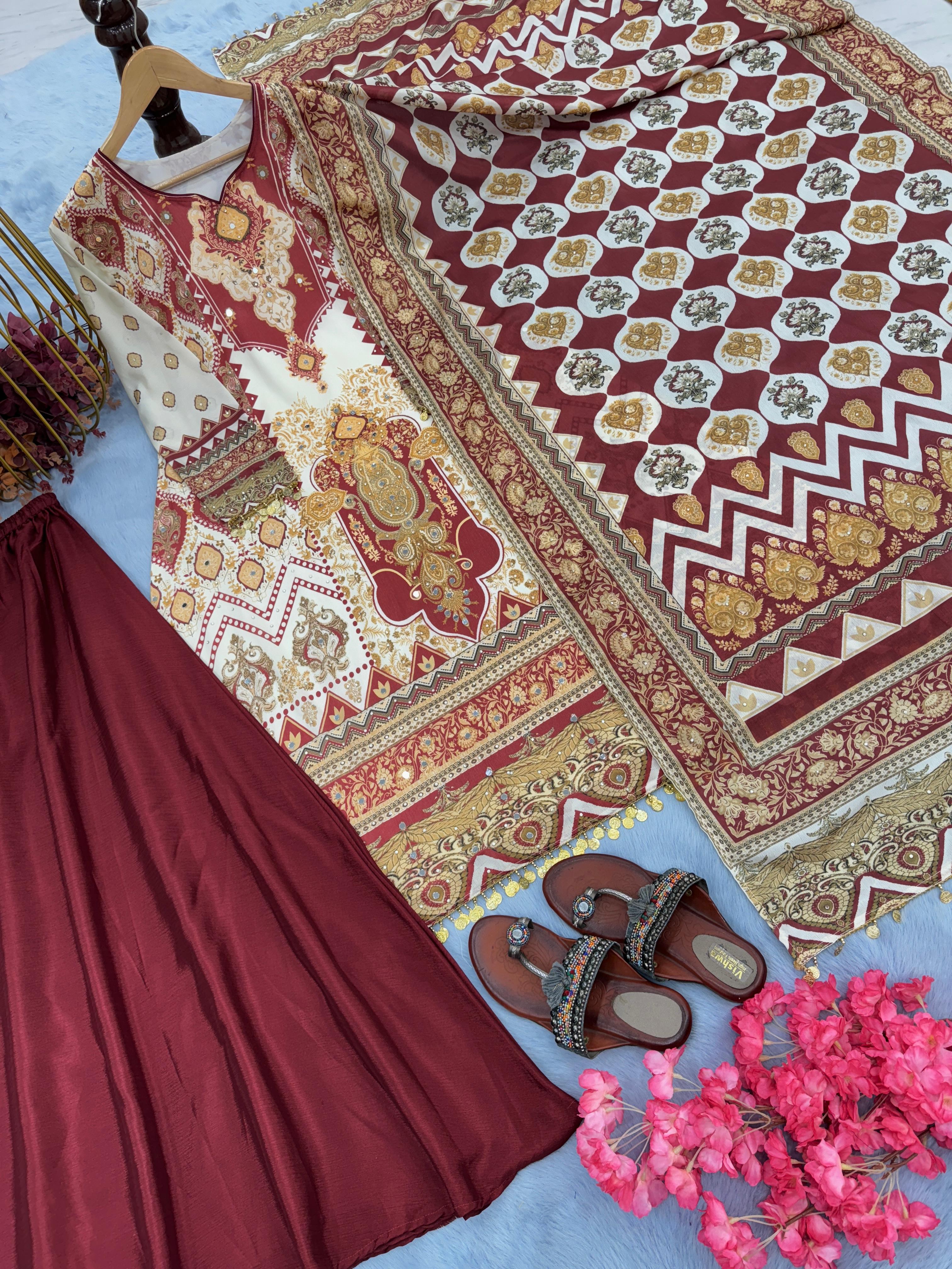 Beautiful Heavy Chinon Silk With Digital Print Maroon Color Plazzo Suit