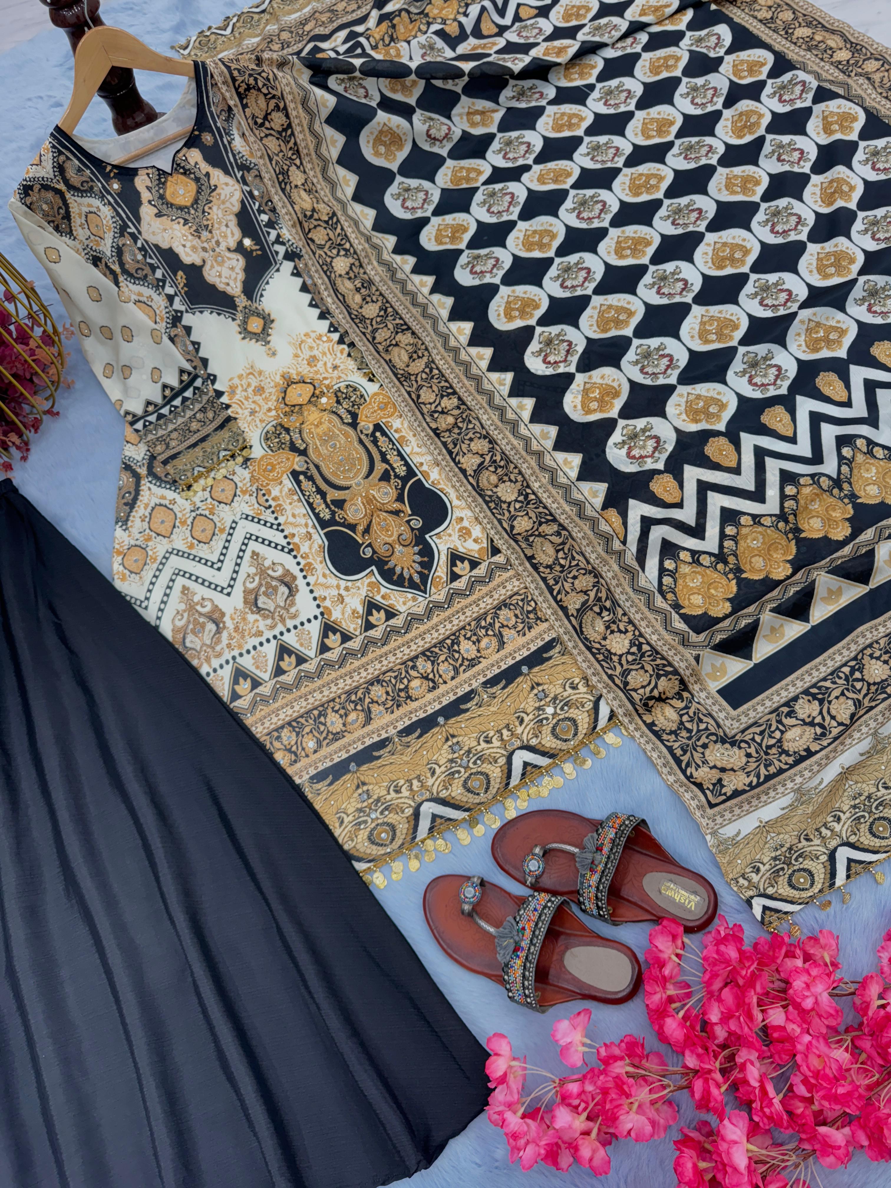 Beautiful Heavy Chinon Silk With Digital Print Black Color Plazzo Suit