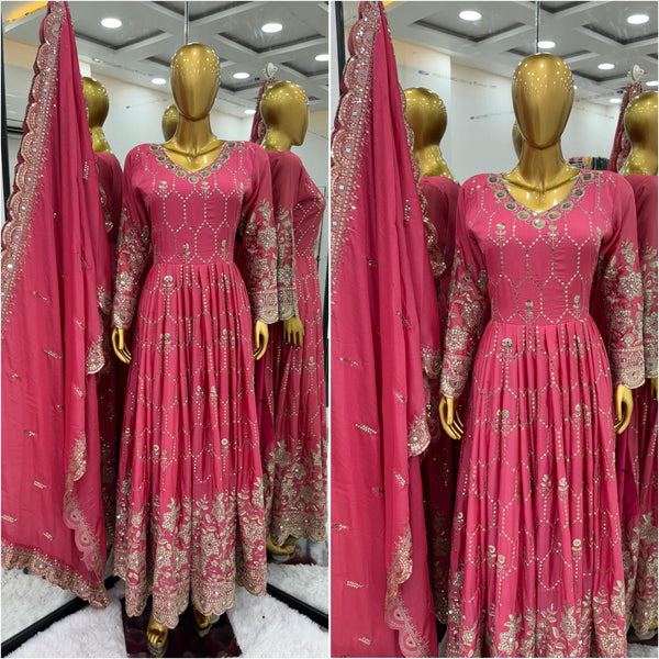 Stunning Mirror Embroidery Work Pink Color Gown