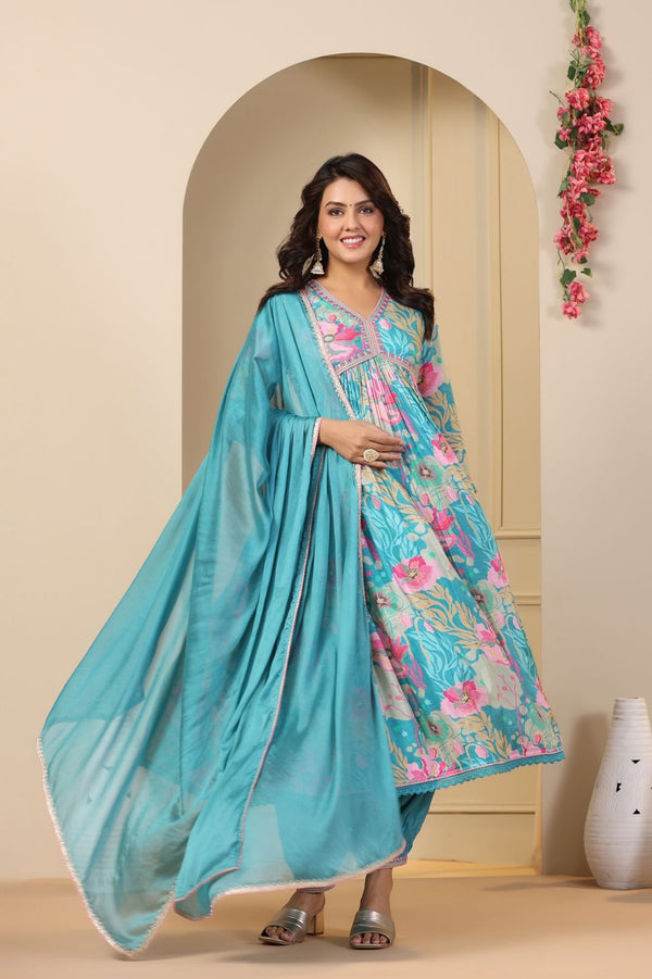 Wonderful Sleeve Work Sky Blue Color Anarkali Suit