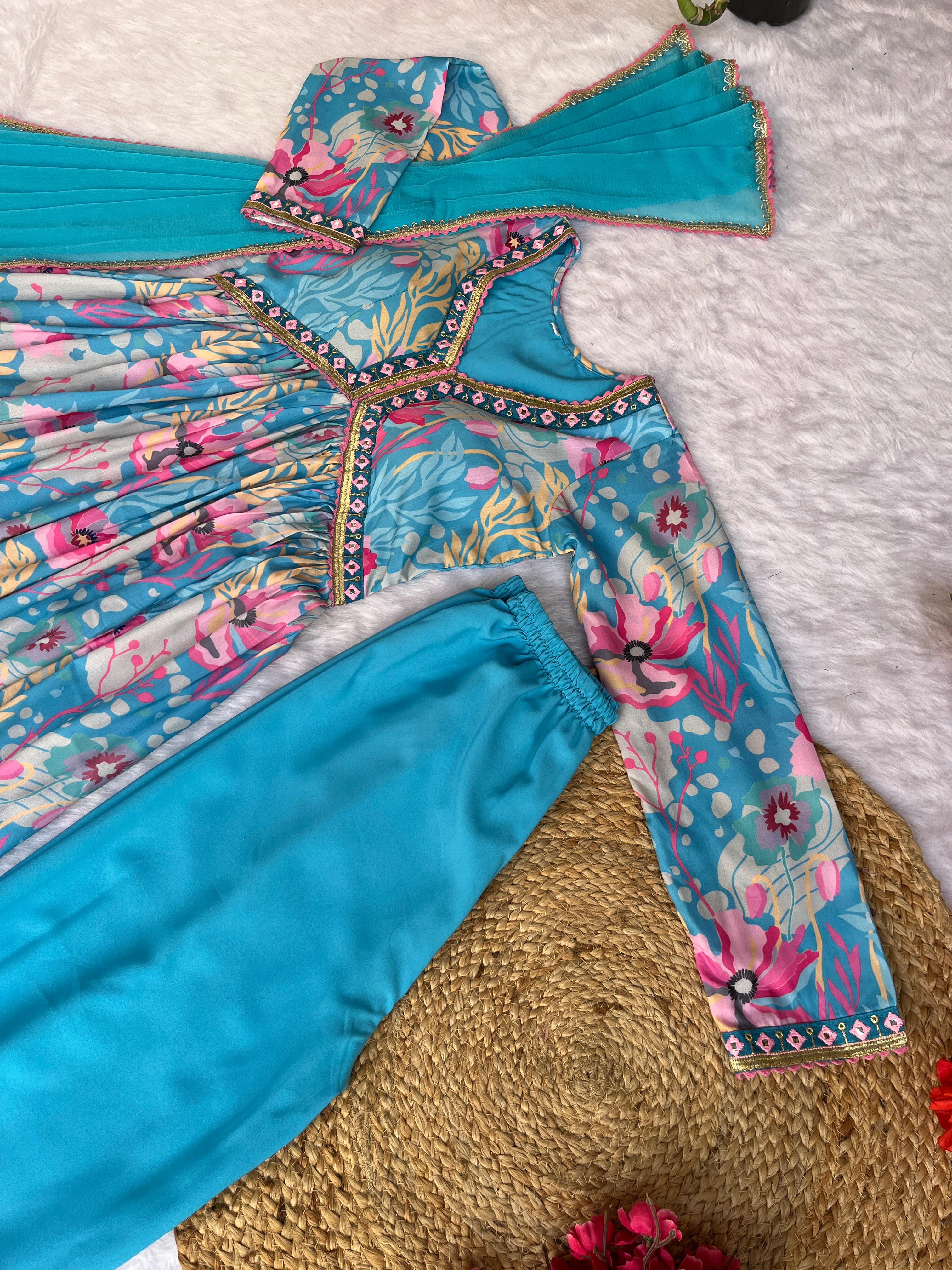 Wonderful Sleeve Work Sky Blue Color Anarkali Suit