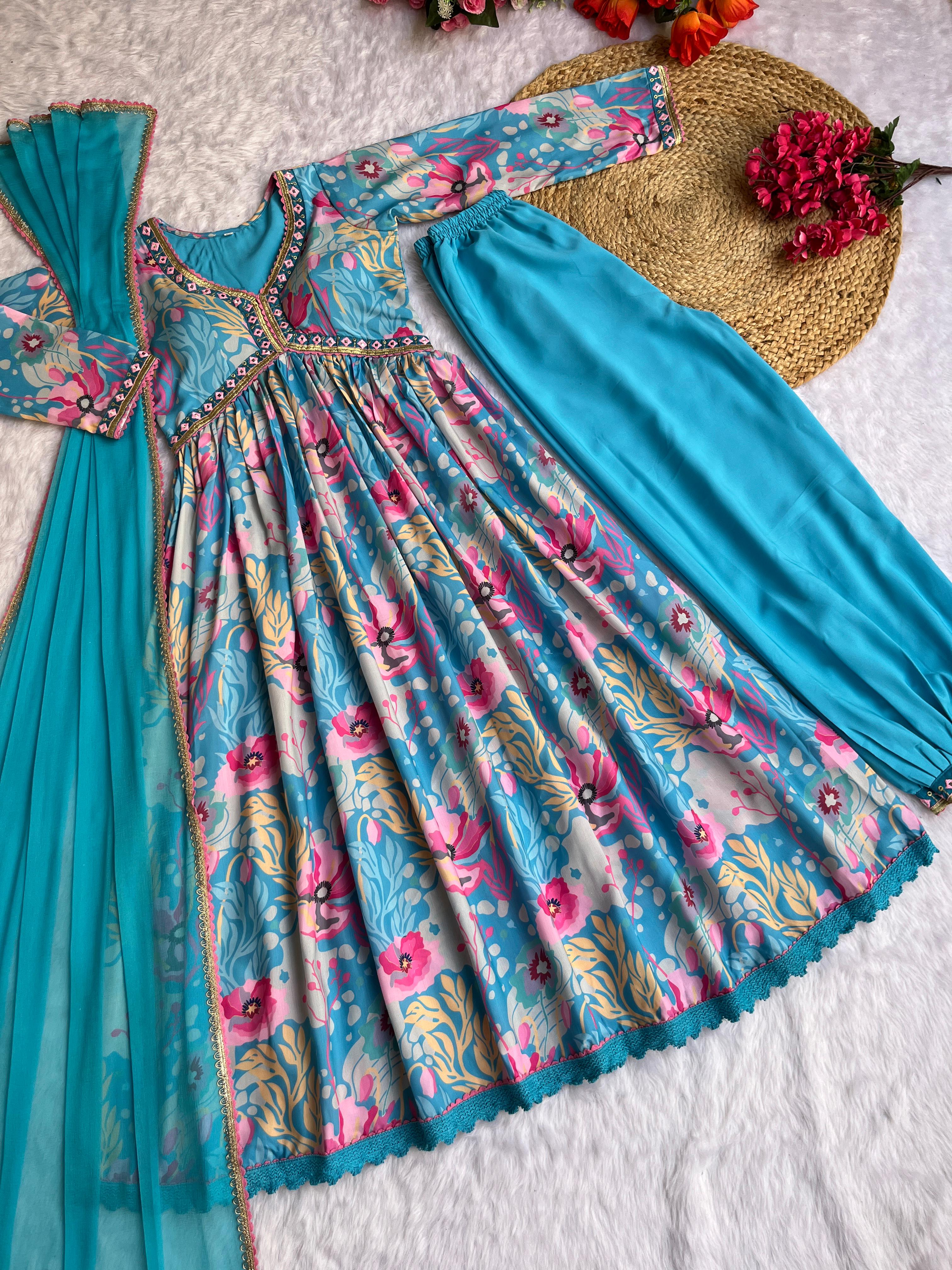 Wonderful Sleeve Work Sky Blue Color Anarkali Suit