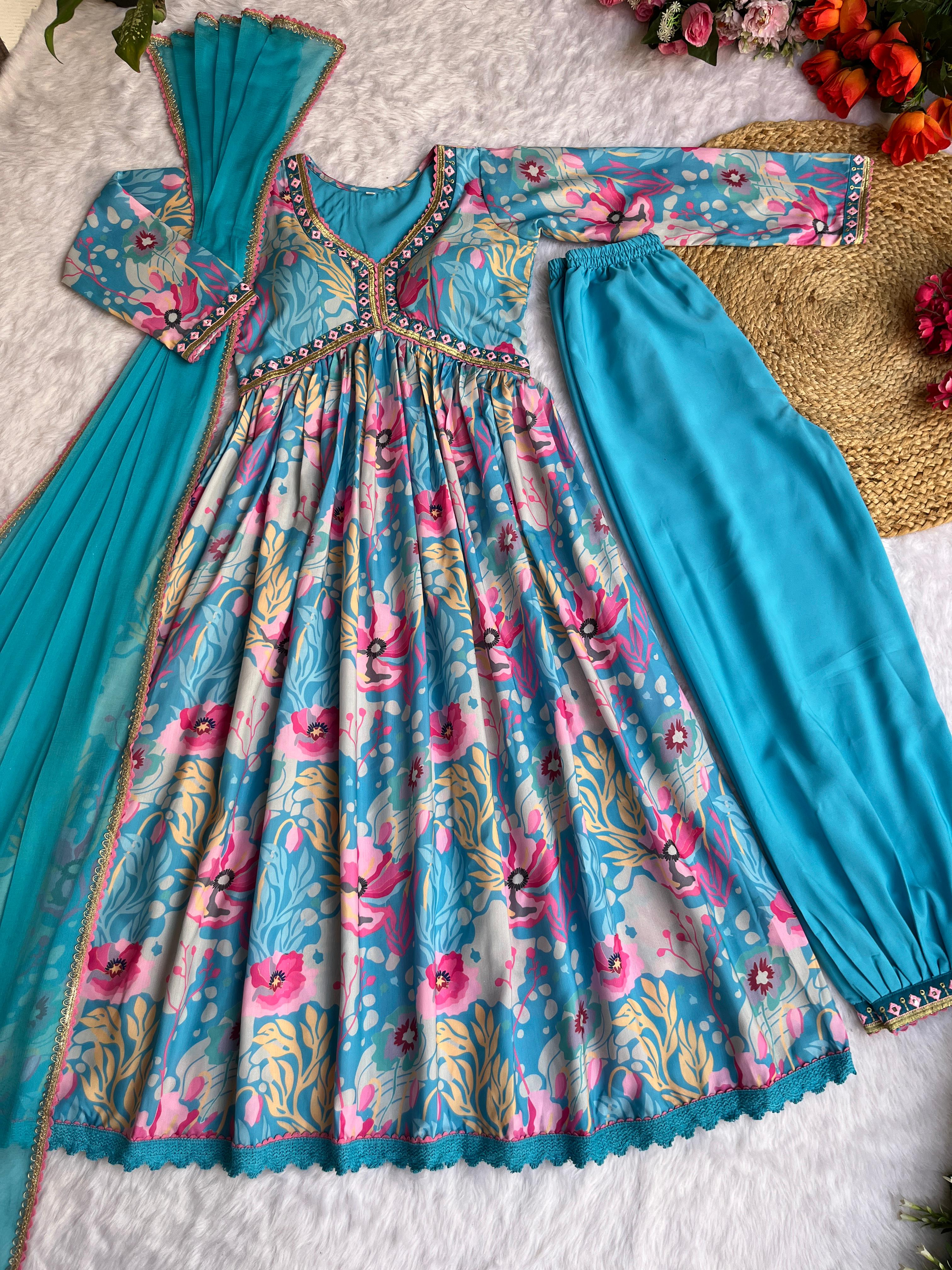 Wonderful Sleeve Work Sky Blue Color Anarkali Suit