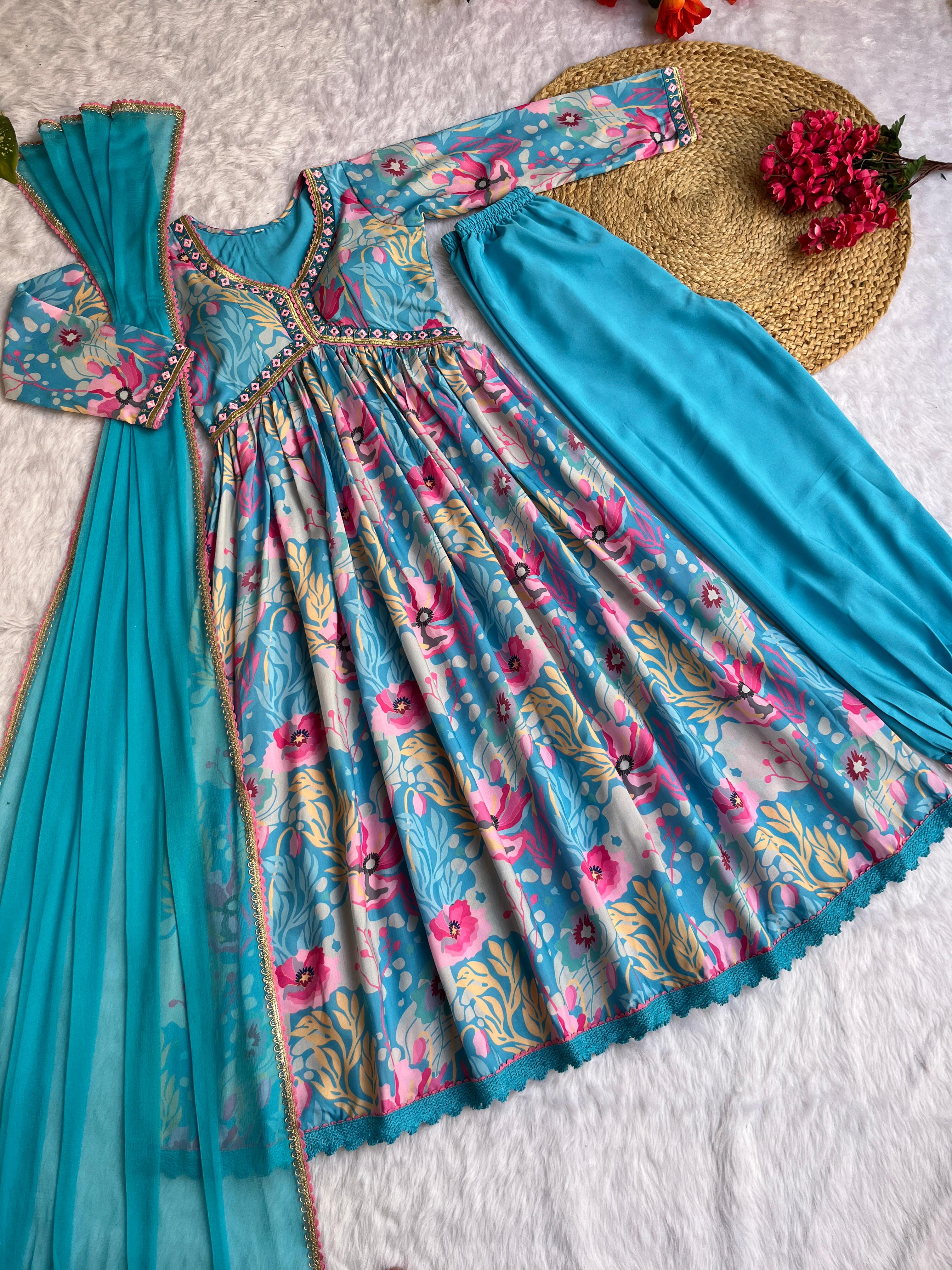 Wonderful Sleeve Work Sky Blue Color Anarkali Suit