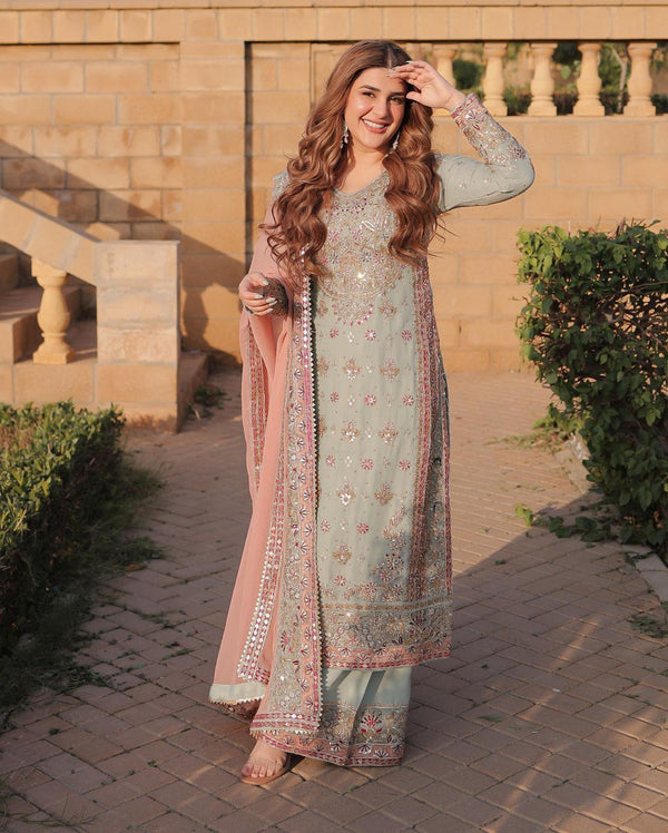 Designer Shriyanshi Sky Blue Embroidered Kurti Sharara Set